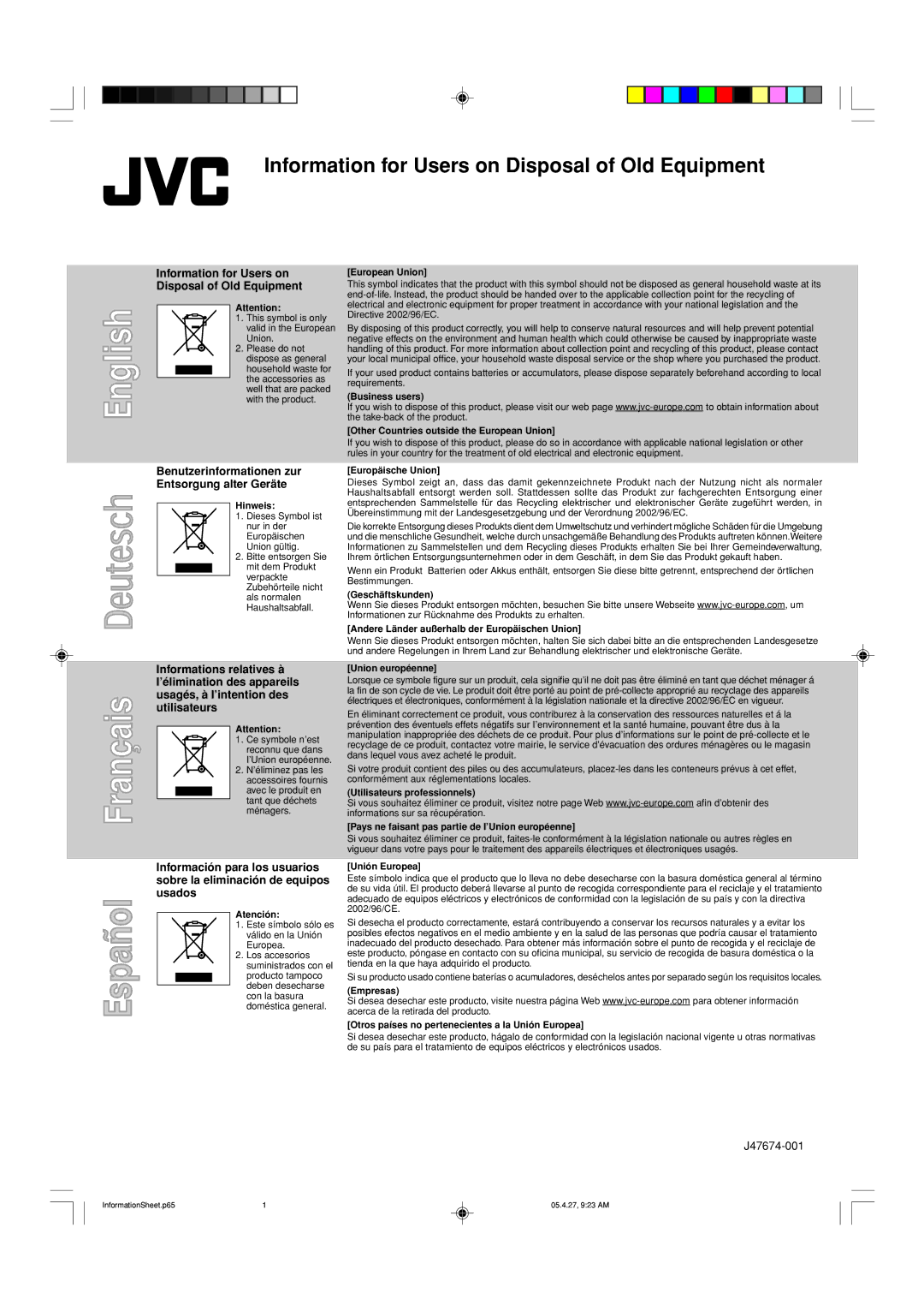 JVC J47674-001 manual Information for Users on Disposal of Old Equipment 