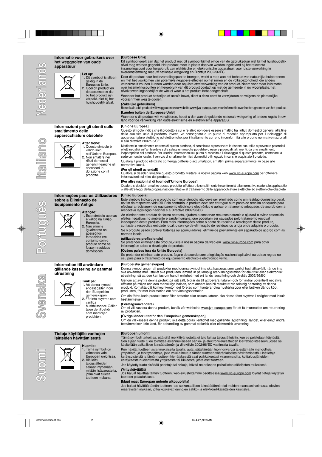 JVC J47674-001 manual Tietoja käyttäjille vanhojen laitteiden hävittämisestä 