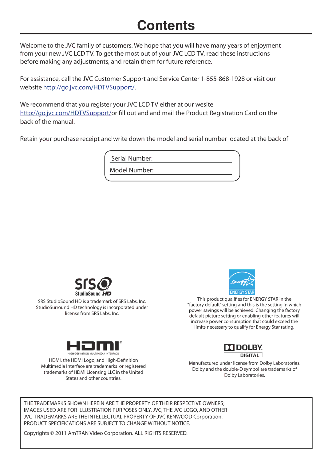 JVC JLC47BC3000-B user manual Contents 