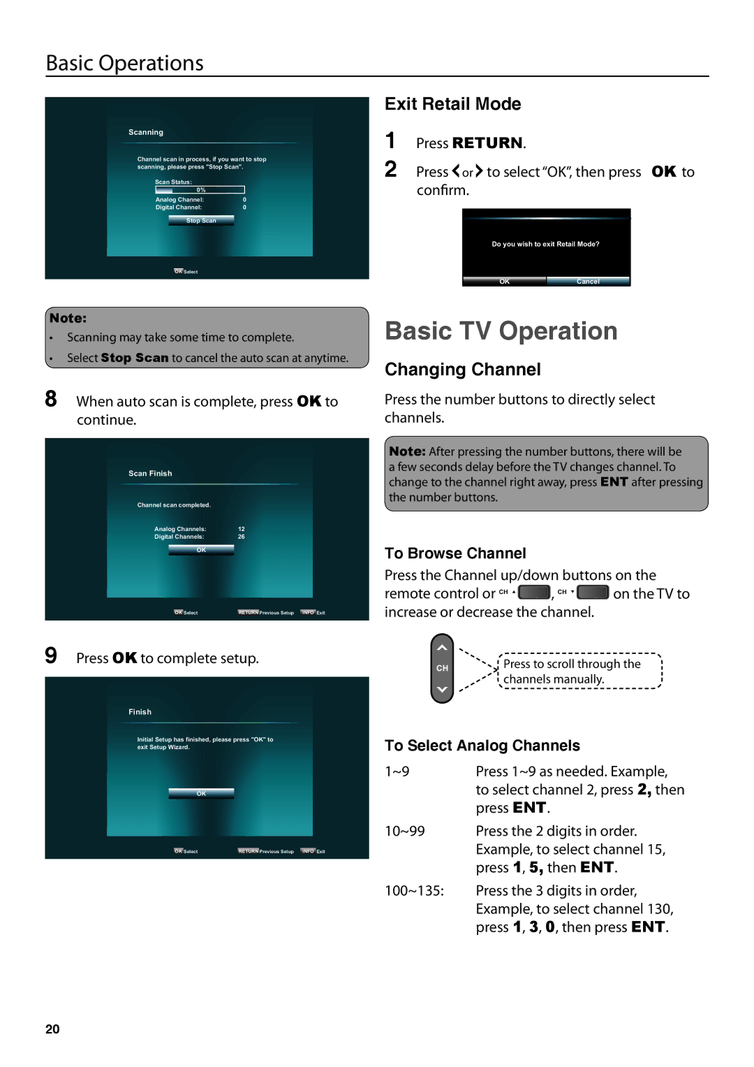 JVC JLC47BC3000-B Basic TV Operation, Exit Retail Mode, Changing Channel, To Browse Channel, To Select Analog Channels 