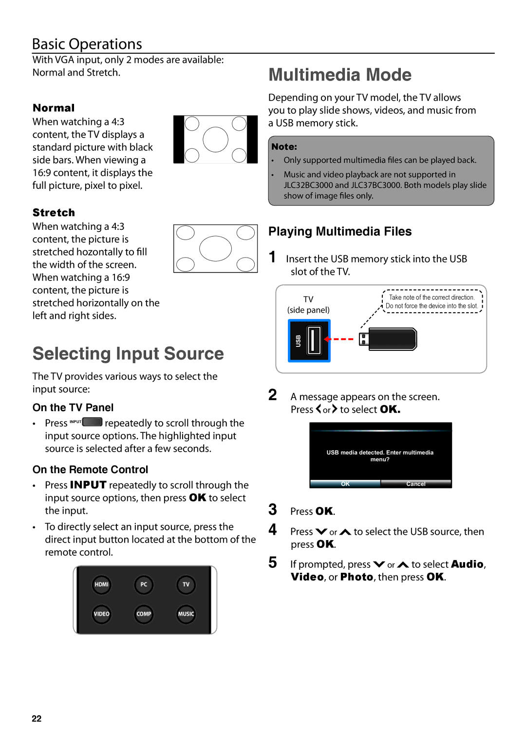 JVC JLC47BC3000-B user manual Selecting Input Source, Multimedia Mode, Playing Multimedia Files, On the TV Panel 