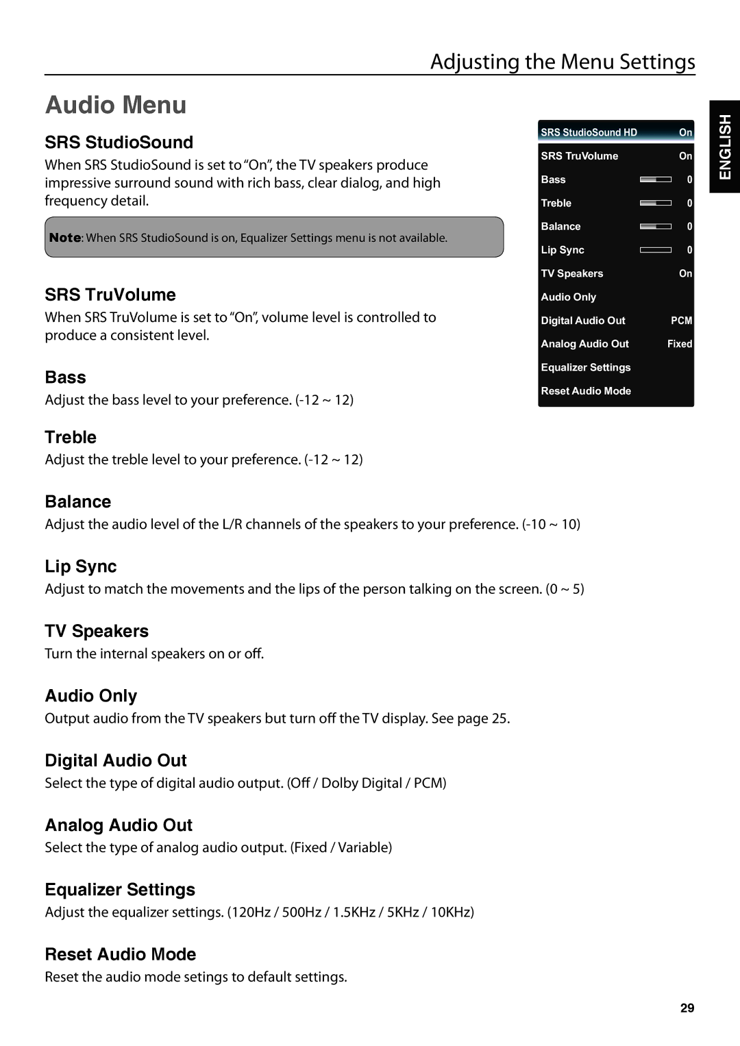 JVC JLC47BC3000-B user manual Audio Menu 