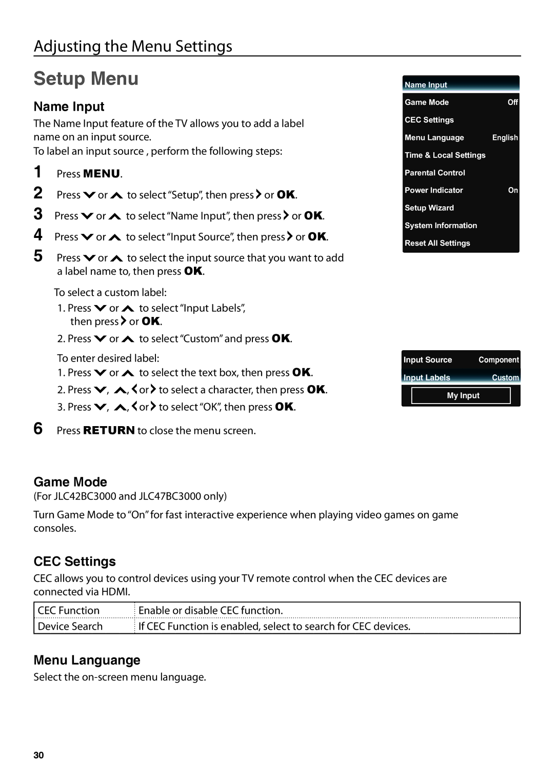 JVC JLC47BC3000-B user manual Setup Menu, Name Input, Game Mode, CEC Settings, Menu Languange 