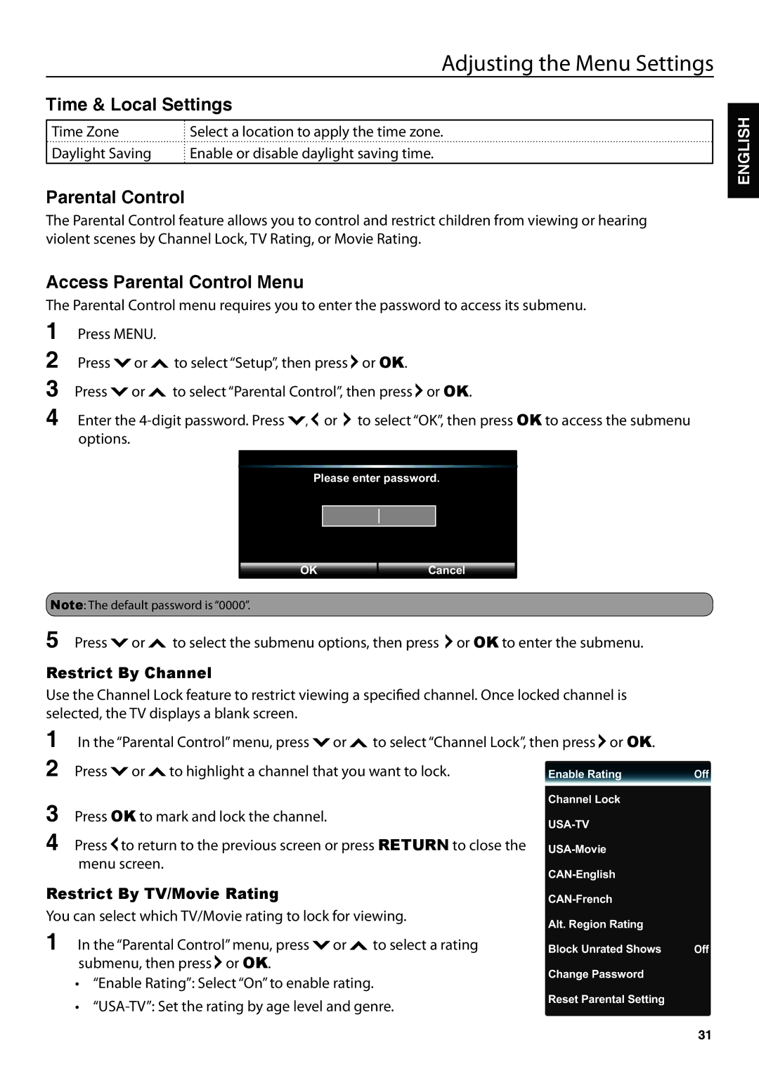 JVC JLC47BC3000-B user manual Time & Local Settings, Access Parental Control Menu, Restrict By Channel 