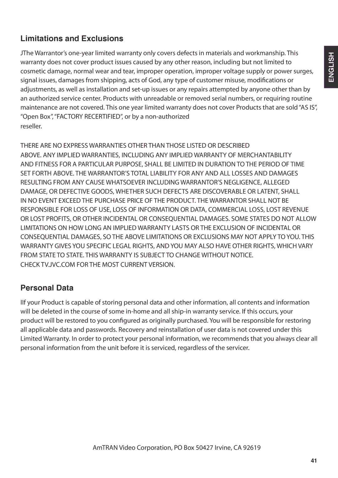 JVC JLC47BC3000-B user manual Limitations and Exclusions, Personal Data 