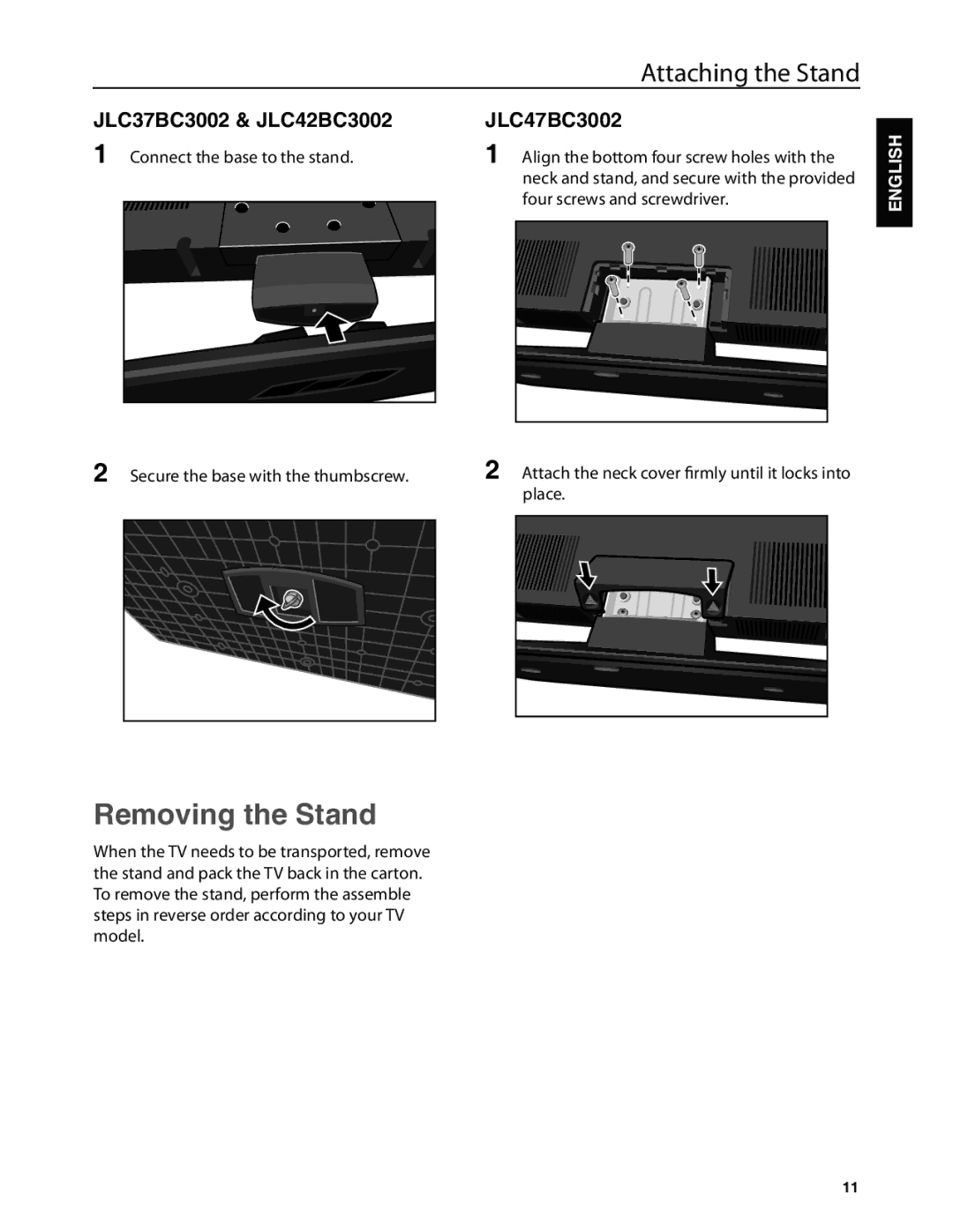 JVC JLC32BC3002-B, JLC47BC3002-B, JLC37BC3002-B, JLC32BC3002B Removing the Stand, JLC37BC3002 & JLC42BC3002 JLC47BC3002 