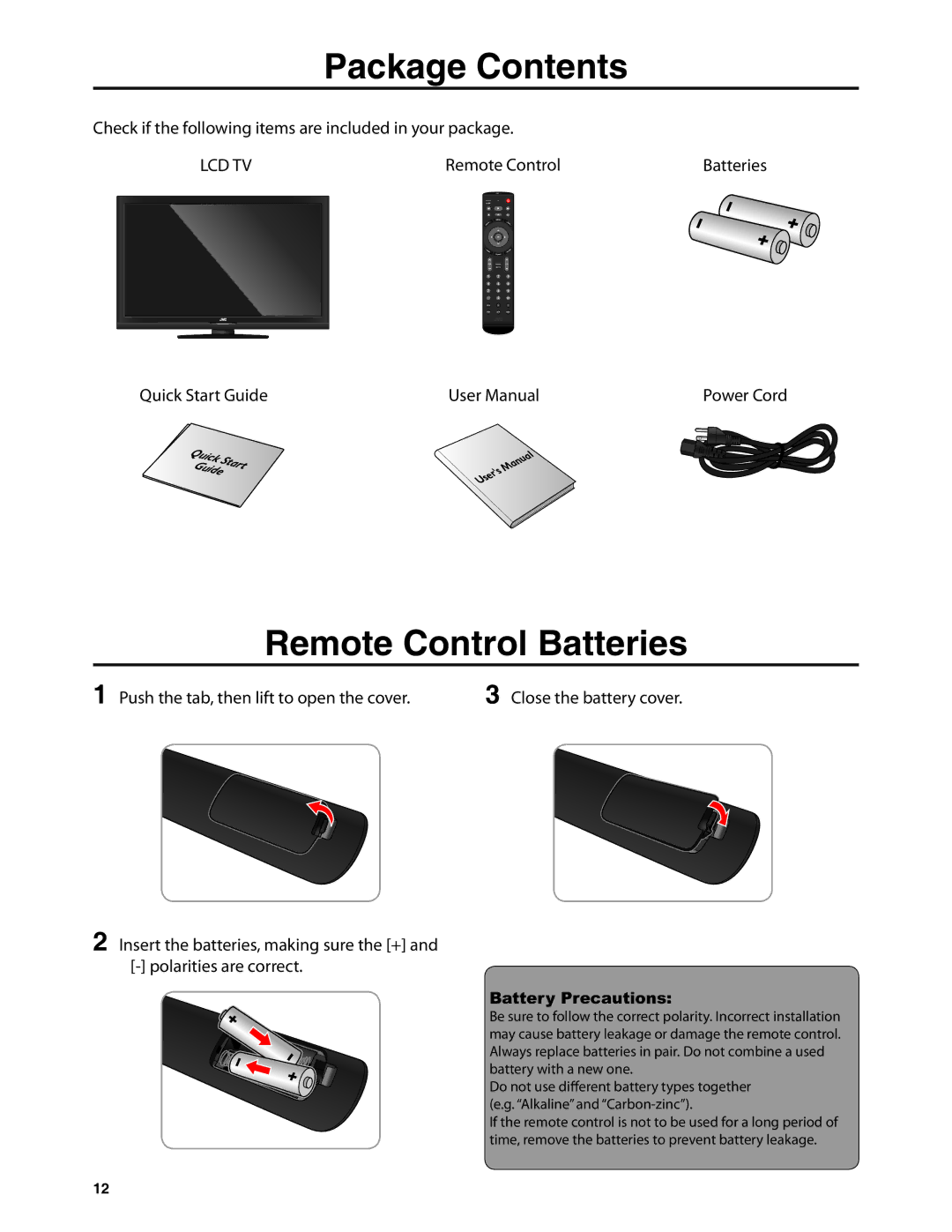 JVC JLC32BC3002B, JLC47BC3002-B, JLC42BC3002, JLC37BC3002-B, JLC32BC3002-B Package Contents, Remote Control Batteries 