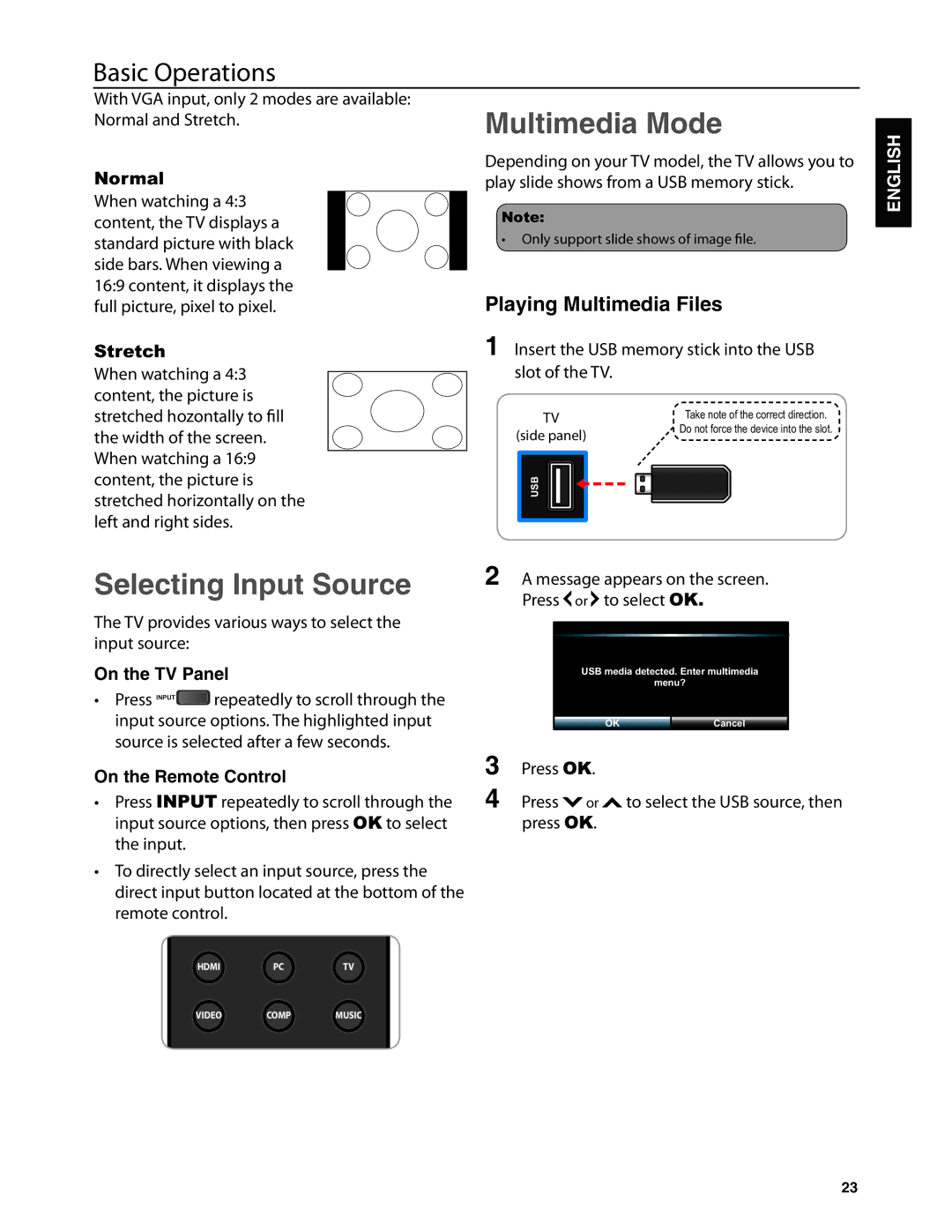 JVC JLC47BC3002-B, JLC42BC3002 Multimedia Mode, Selecting Input Source, Playing Multimedia Files, On the TV Panel 