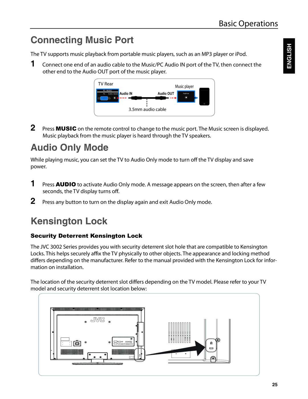 JVC JLC37BC3002-B, JLC47BC3002-B user manual Connecting Music Port, Audio Only Mode, Security Deterrent Kensington Lock 