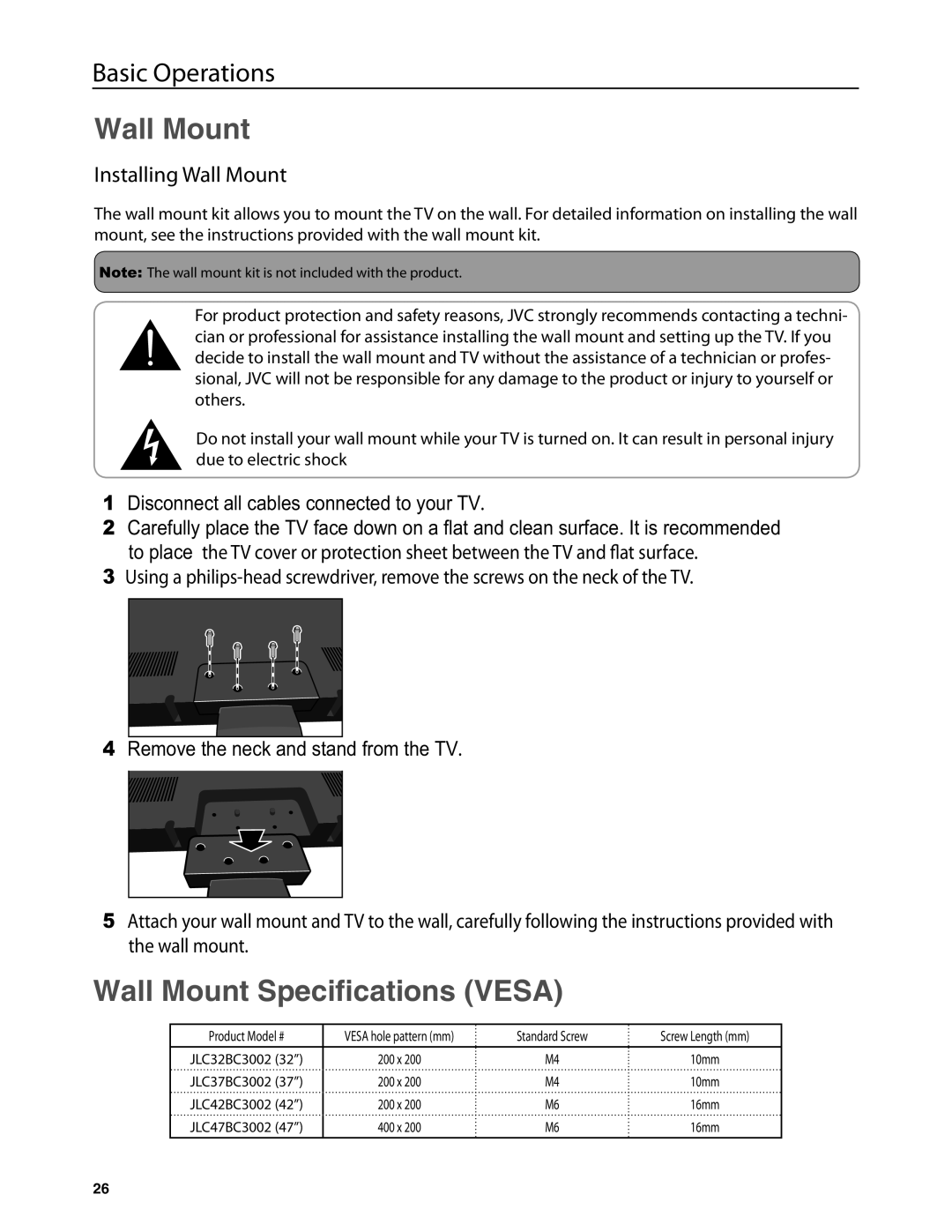 JVC JLC32BC3002-B, JLC47BC3002-B, JLC42BC3002, JLC37BC3002-B, JLC32BC3002B user manual Wall Mount, #$%&$%*+.123!45 