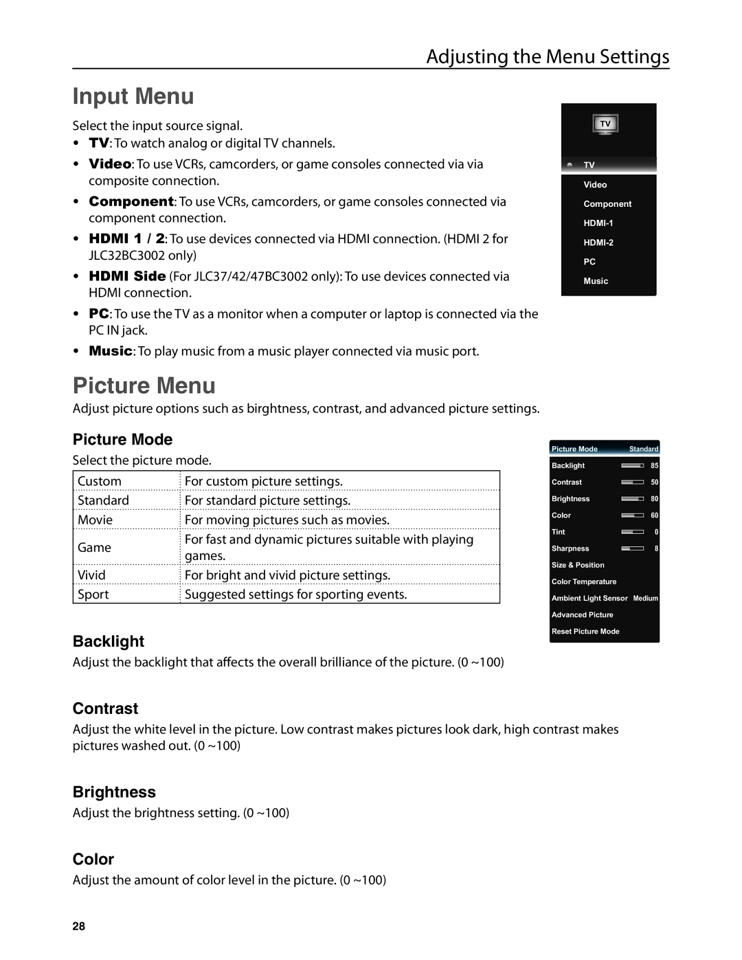 JVC JLC47BC3002-B, JLC42BC3002, JLC37BC3002-B, JLC32BC3002-B, JLC32BC3002B user manual Input Menu, Picture Menu 