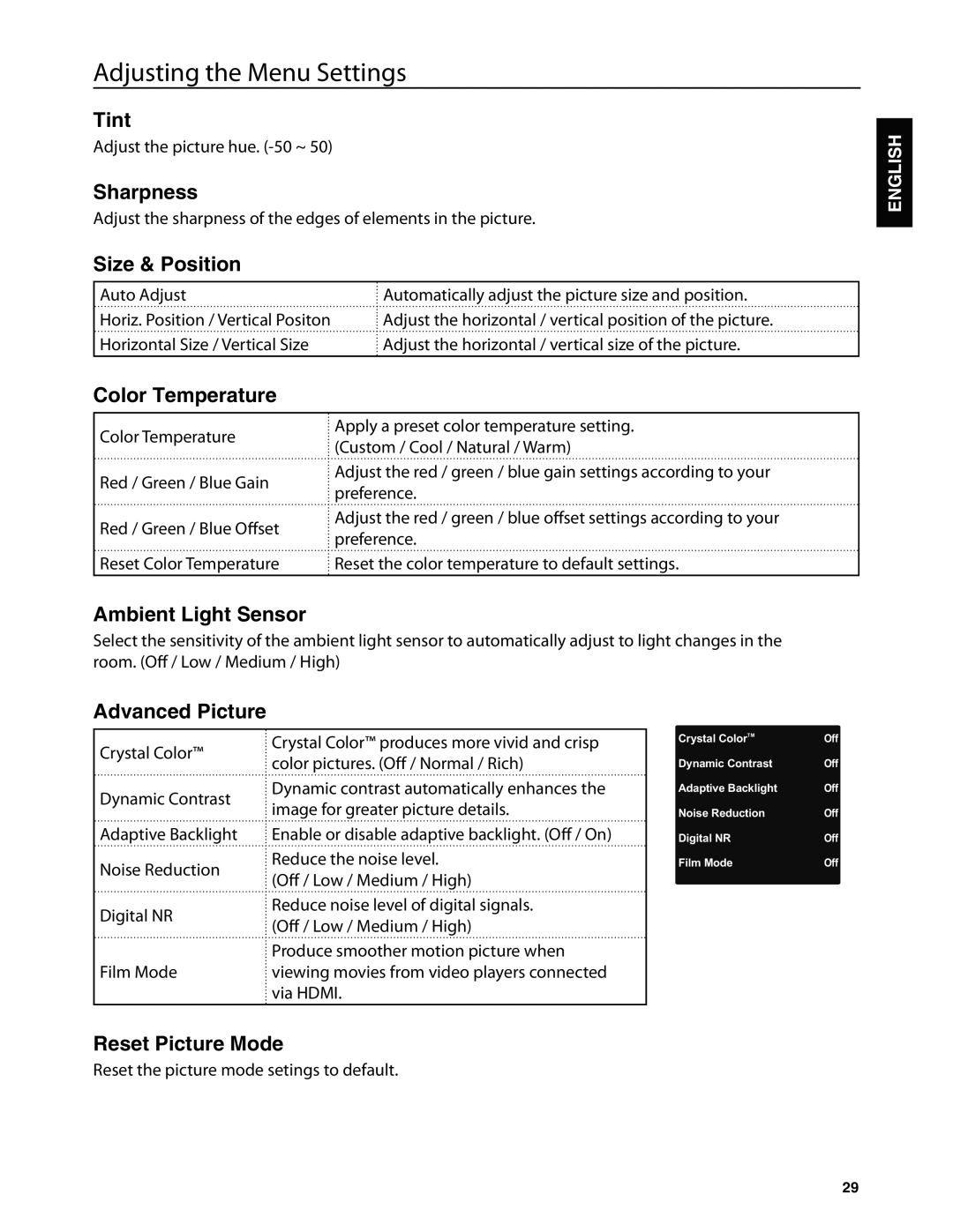 JVC JLC42BC3002, JLC47BC3002-B Tint, Sharpness, Size & Position, Color Temperature, Ambient Light Sensor, Advanced Picture 