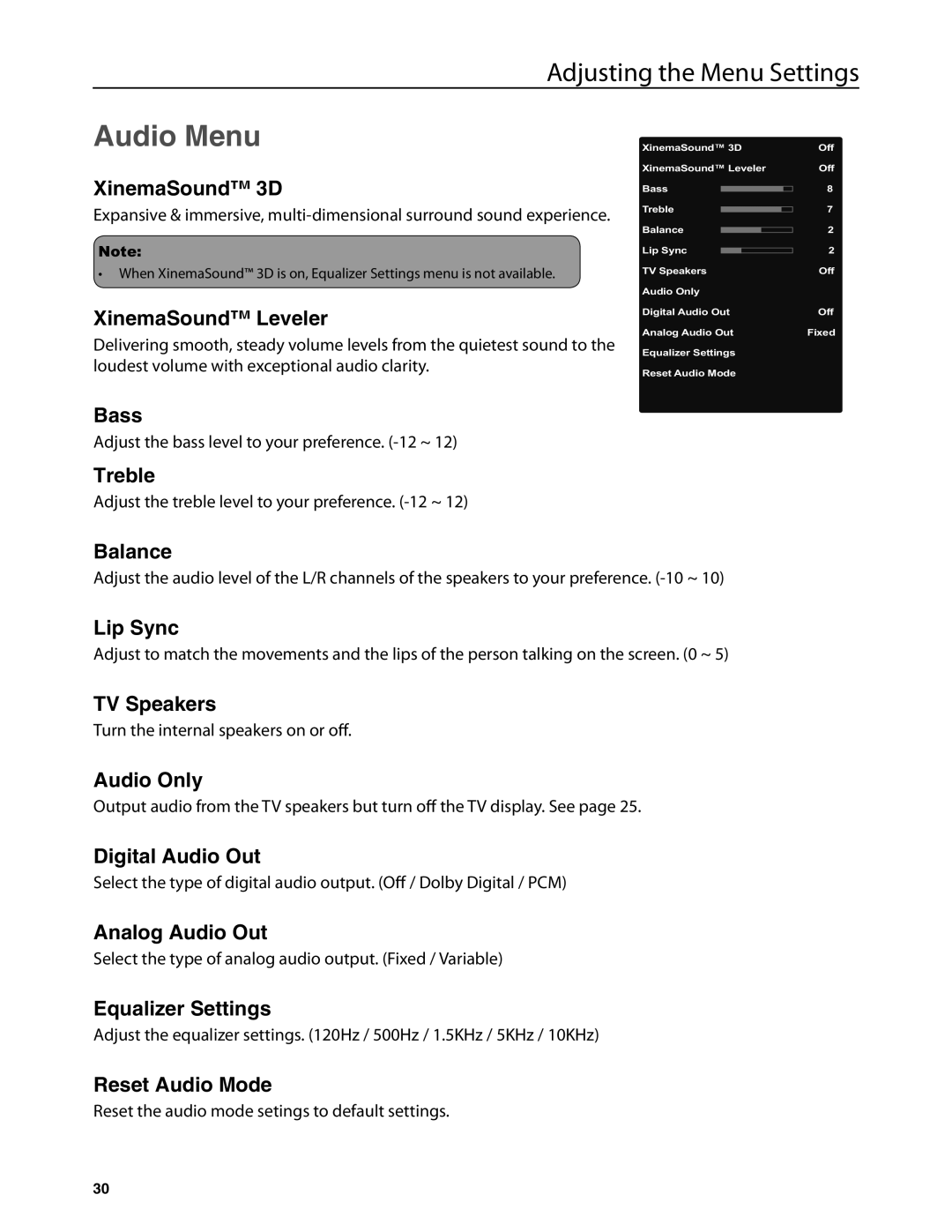 JVC JLC37BC3002-B, JLC47BC3002-B, JLC42BC3002, JLC32BC3002-B, JLC32BC3002B user manual Audio Menu 