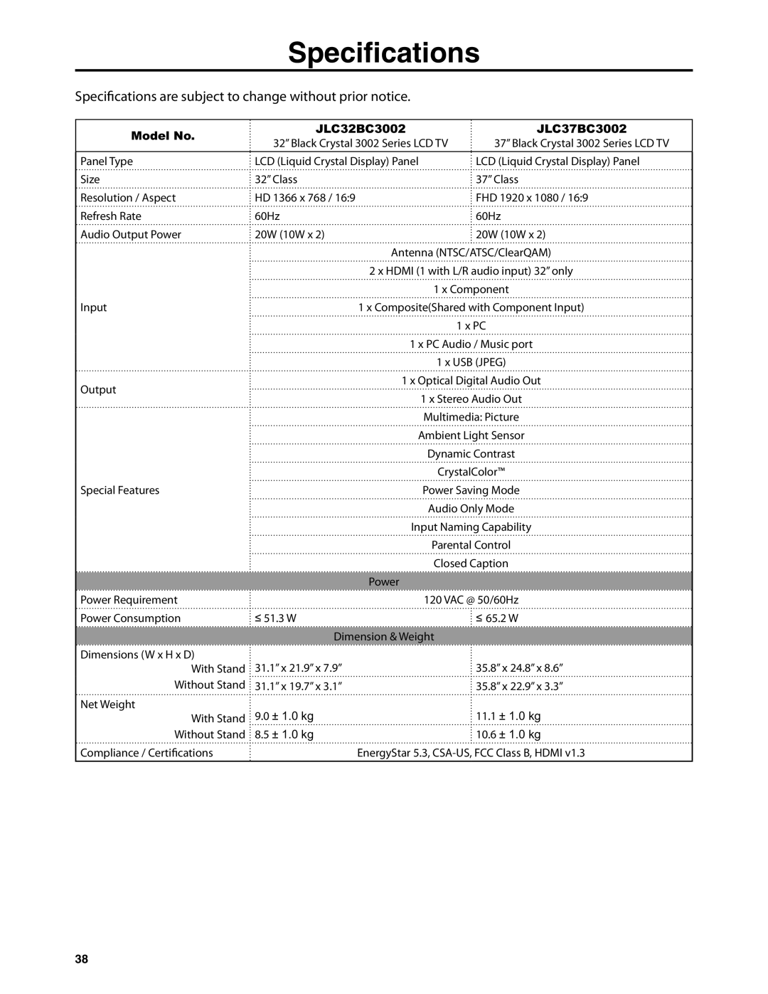 JVC JLC47BC3002-B, JLC42BC3002, JLC37BC3002-B, JLC32BC3002-B #$%&$%*+, Specitions are subject to change without prior notice 