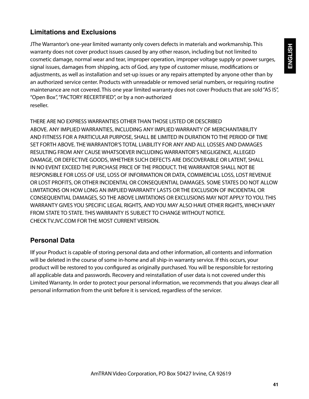 JVC JLC32BC3002-B, JLC47BC3002-B, JLC42BC3002, JLC37BC3002-B, JLC32BC3002B Limitations and Exclusions, Personal Data 