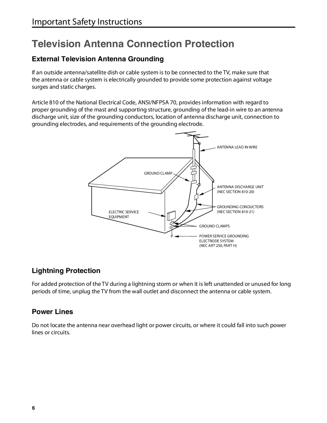 JVC JLC32BC3002-B Television Antenna Connection Protection, External Television Antenna Grounding, Lightning Protection 