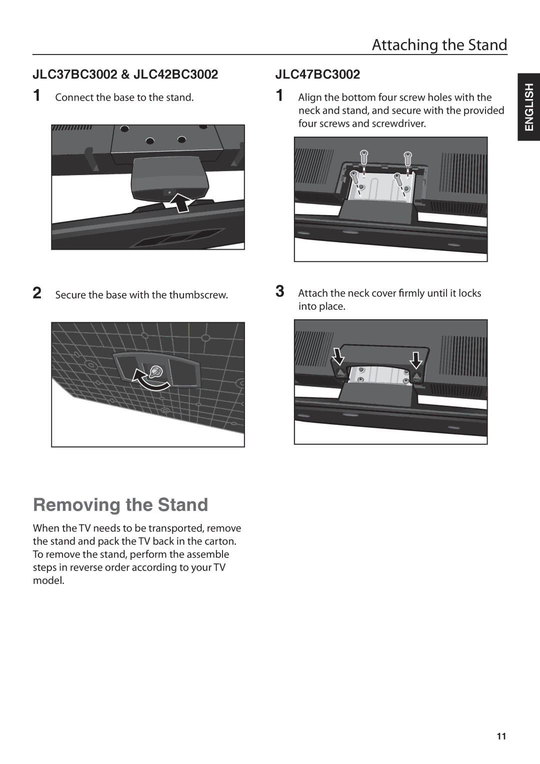 JVC JLC32BC3002 user manual Removing the Stand, JLC37BC3002 & JLC42BC3002 JLC47BC3002 