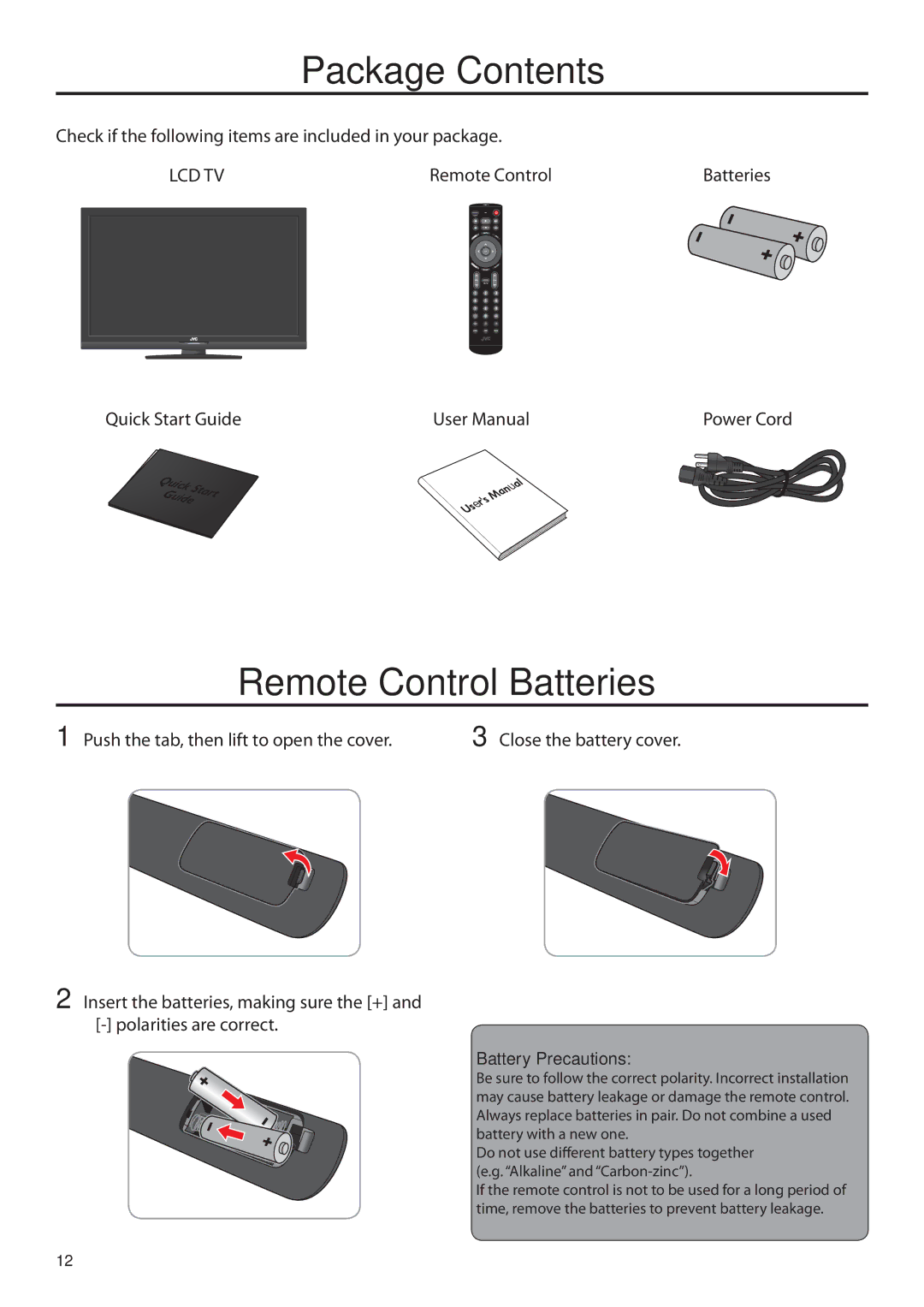 JVC JLC42BC3002, JLC47BC3002, JLC32BC3002, JLC37BC3002 user manual Package Contents, Remote Control Batteries 