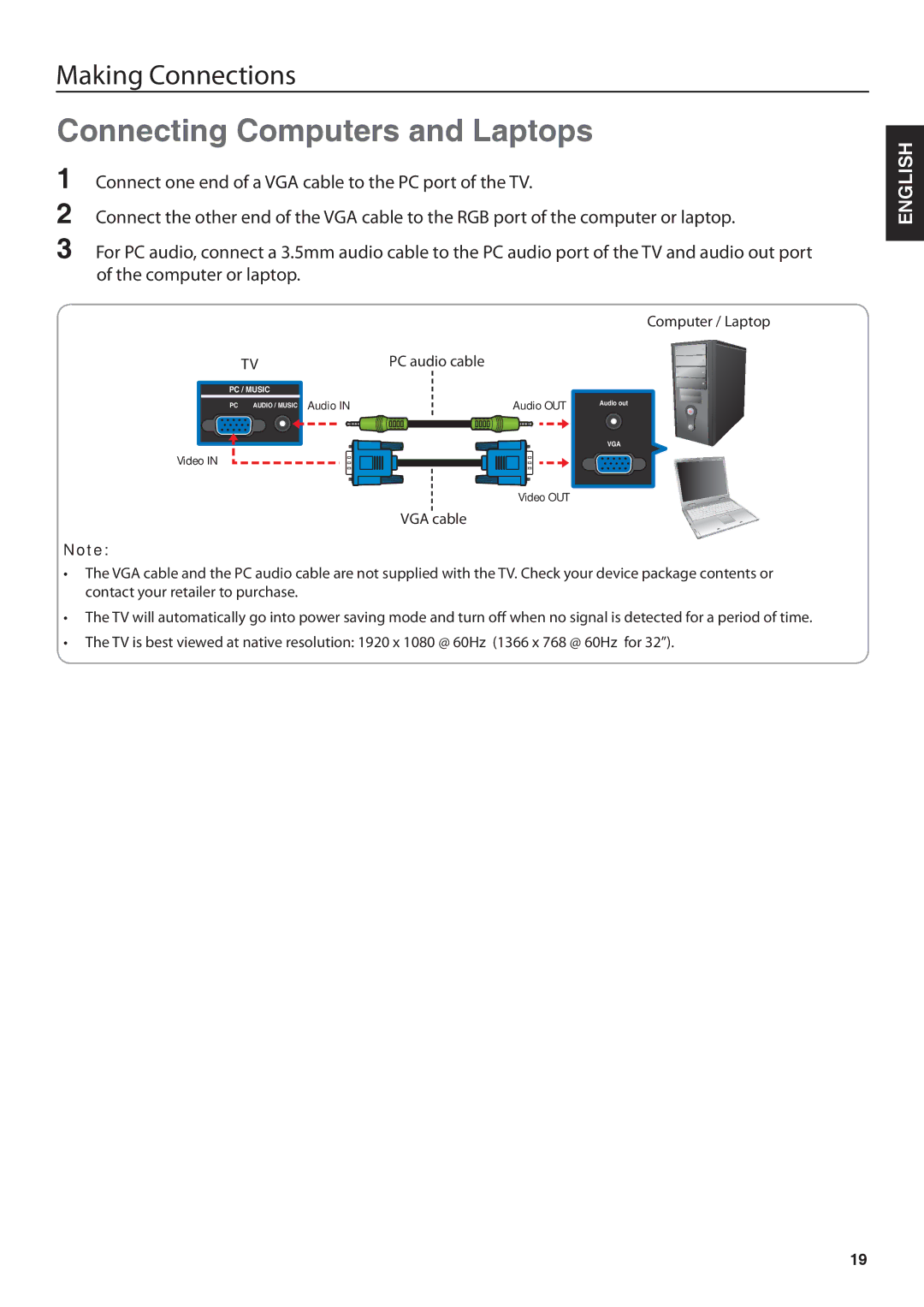 JVC JLC47BC3002, JLC42BC3002, JLC32BC3002, JLC37BC3002 user manual Connecting Computers and Laptops, PC audio cable 