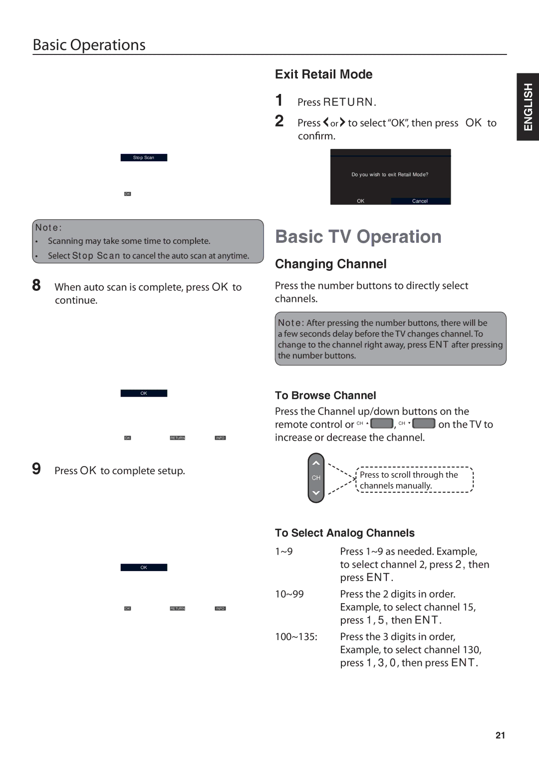 JVC JLC32BC3002 Basic TV Operation, Exit Retail Mode, Changing Channel, To Browse Channel, To Select Analog Channels 