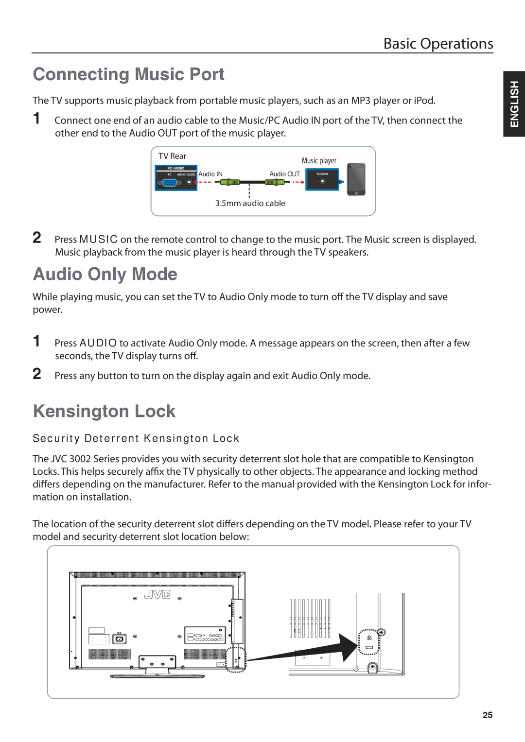 JVC JLC32BC3002, JLC47BC3002 Connecting Music Port, Audio Only Mode, Security Deterrent Kensington Lock, TV Rear 