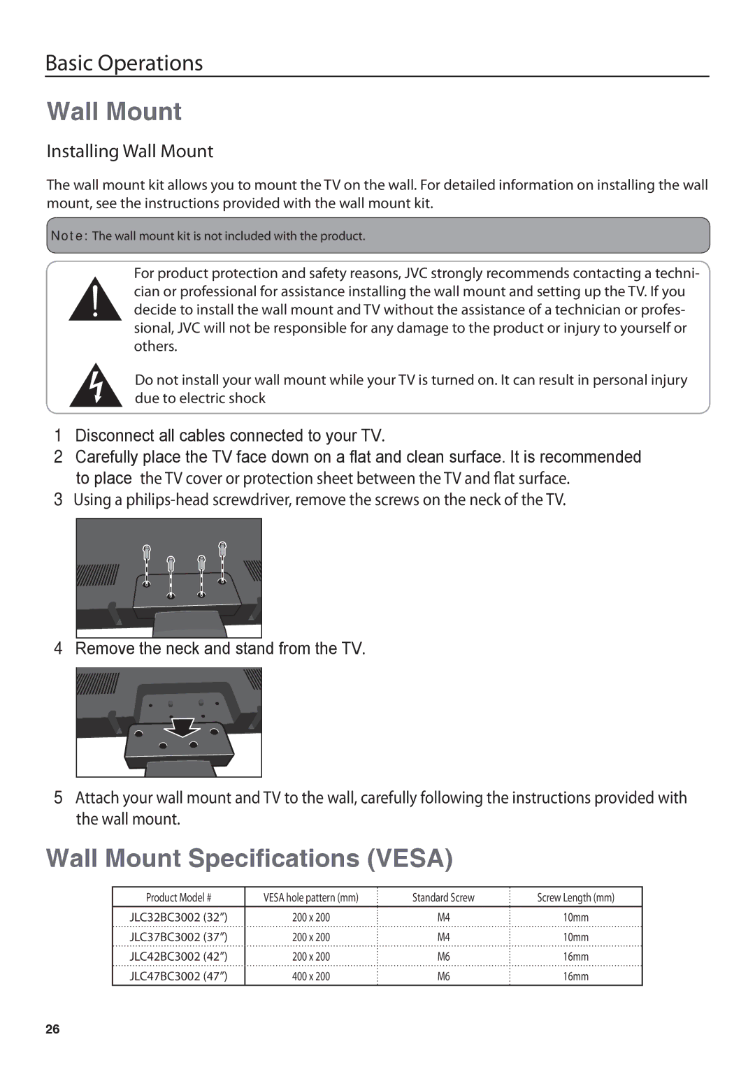 JVC JLC37BC3002, JLC47BC3002, JLC42BC3002, JLC32BC3002 user manual Wall Mount Speciﬁcations Vesa 