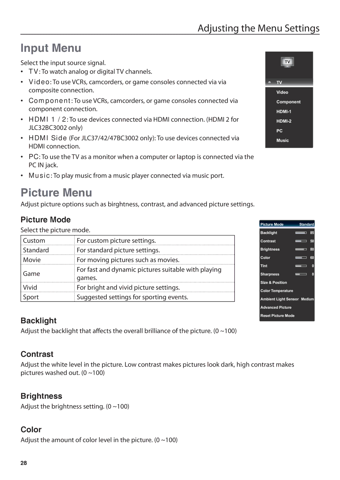 JVC JLC42BC3002, JLC47BC3002, JLC32BC3002, JLC37BC3002 user manual Input Menu, Picture Menu 