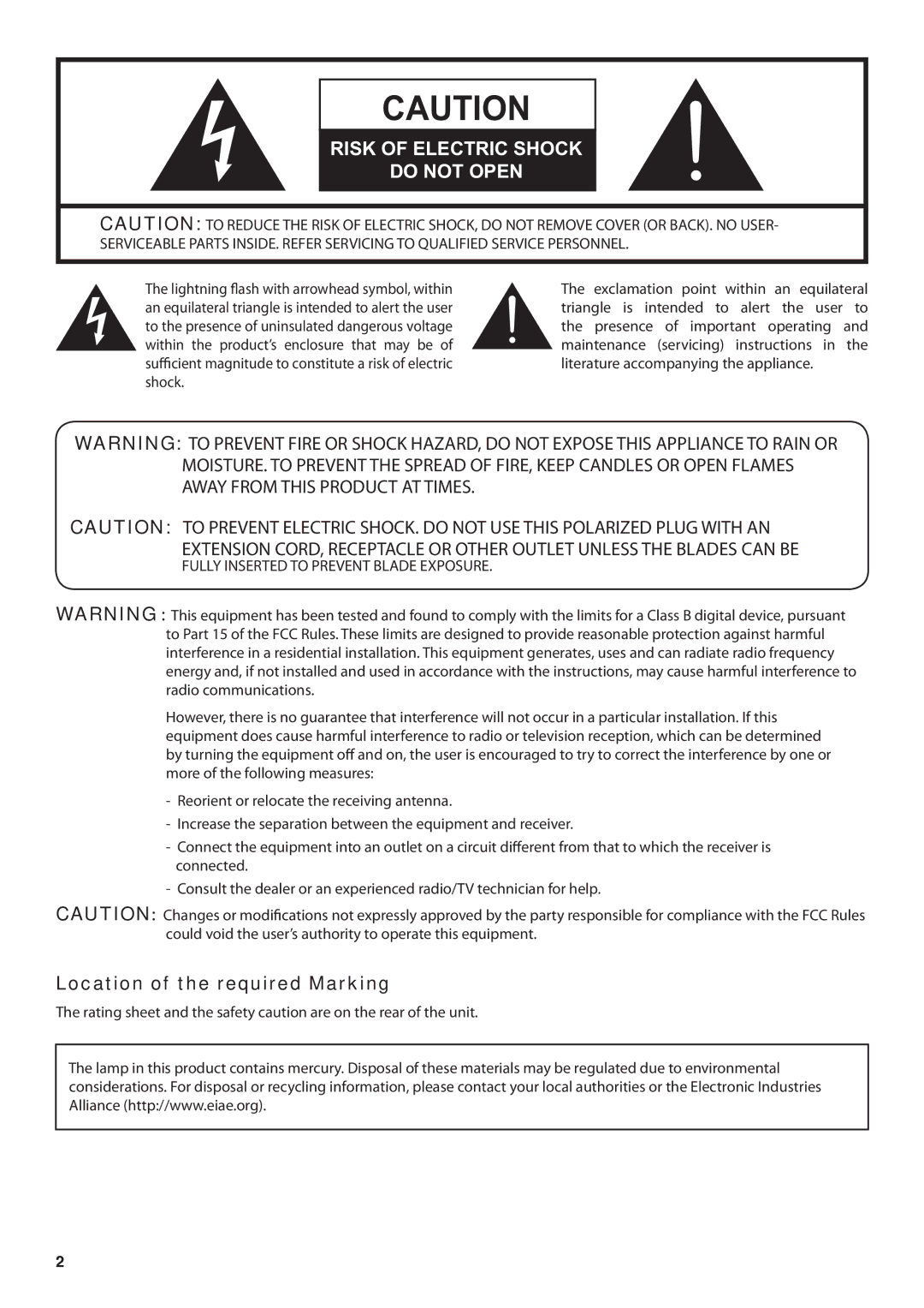 JVC JLC37BC3002, JLC47BC3002, JLC42BC3002, JLC32BC3002 Risk of Electric Shock Do not Open, Location of the required Marking 