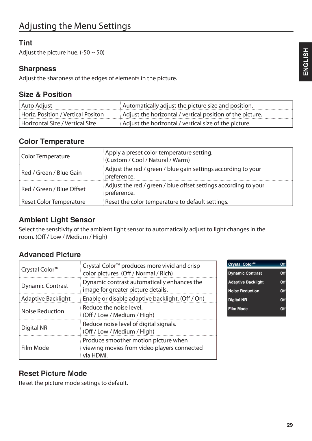 JVC JLC32BC3002, JLC47BC3002 Tint, Sharpness, Size & Position, Color Temperature, Ambient Light Sensor, Advanced Picture 