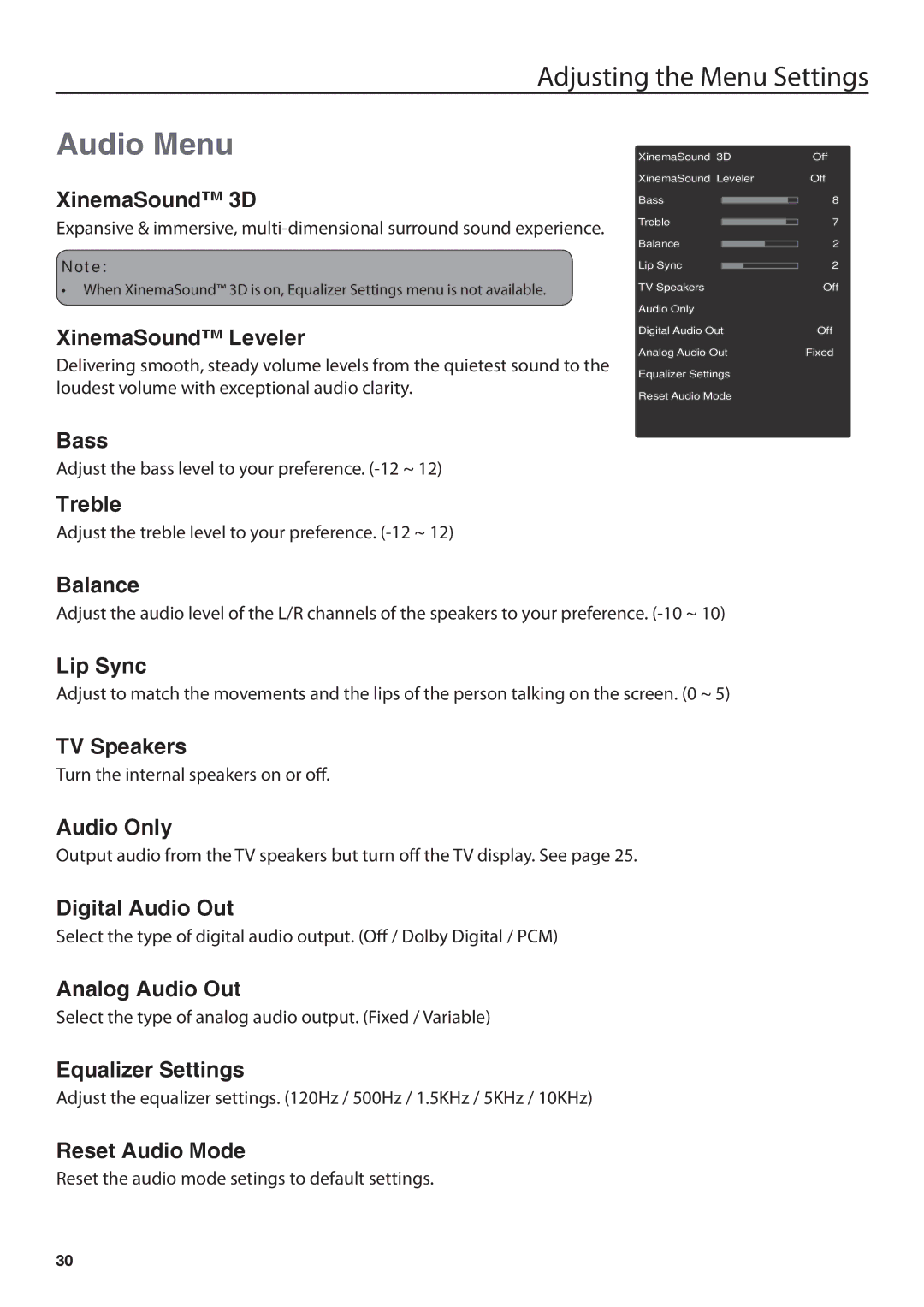 JVC JLC37BC3002, JLC47BC3002, JLC42BC3002, JLC32BC3002 user manual Audio Menu 