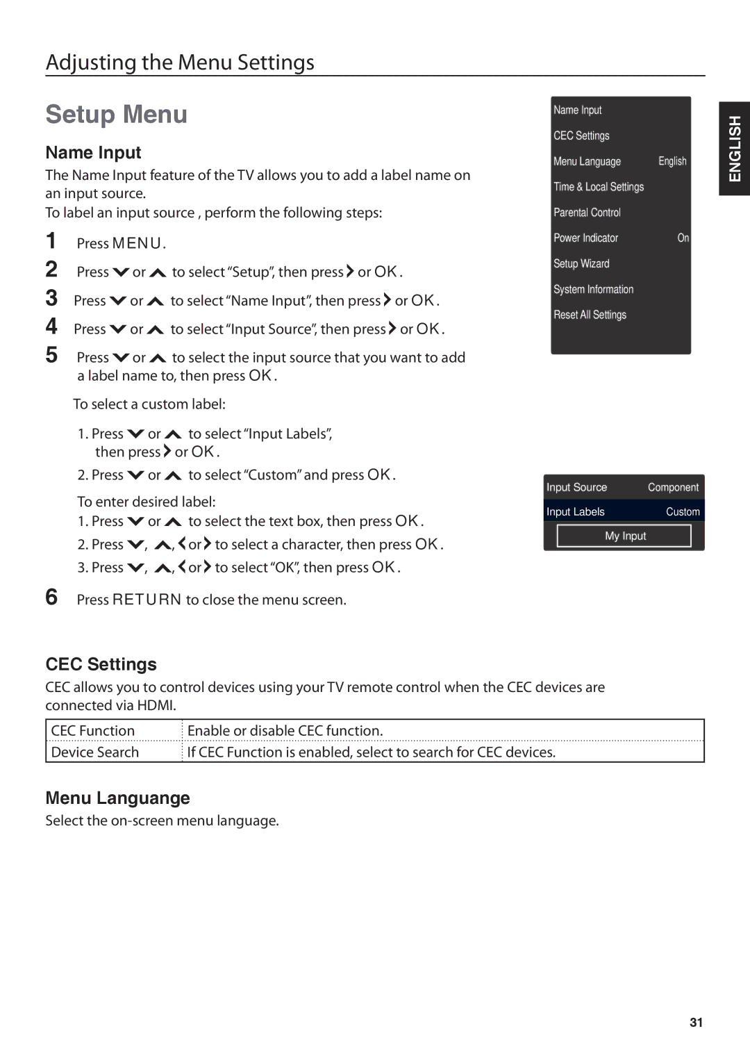 JVC JLC47BC3002, JLC42BC3002, JLC32BC3002, JLC37BC3002 user manual Setup Menu, Name Input, CEC Settings, Menu Languange 