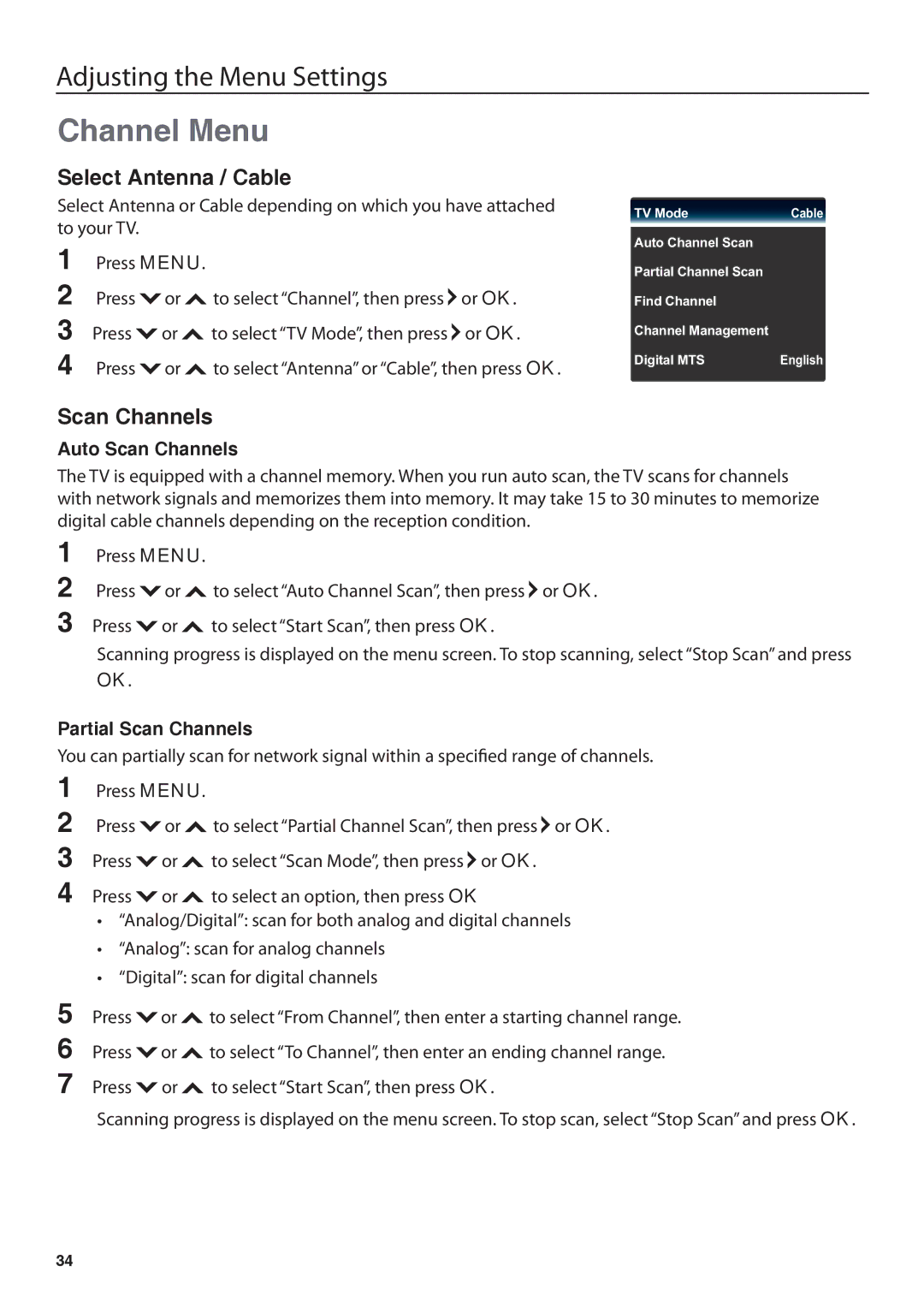 JVC JLC37BC3002, JLC47BC3002 user manual Channel Menu, Select Antenna / Cable, Auto Scan Channels, Partial Scan Channels 