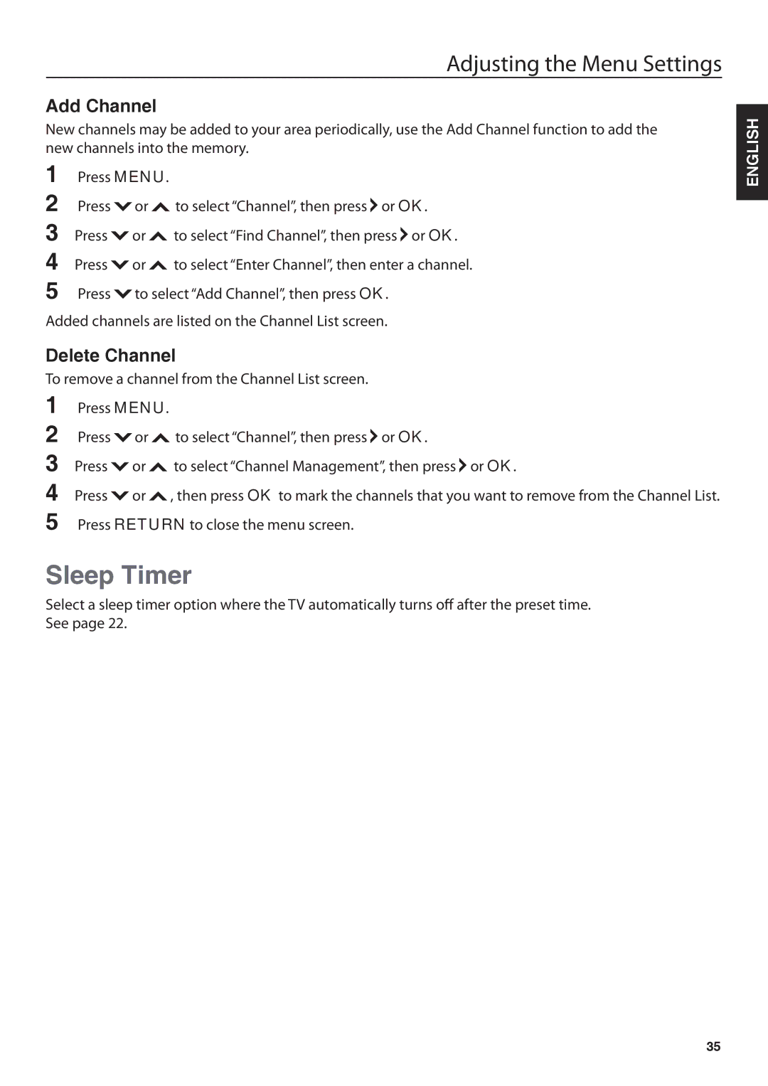 JVC JLC47BC3002, JLC42BC3002, JLC32BC3002, JLC37BC3002 user manual Sleep Timer, Add Channel, Delete Channel 