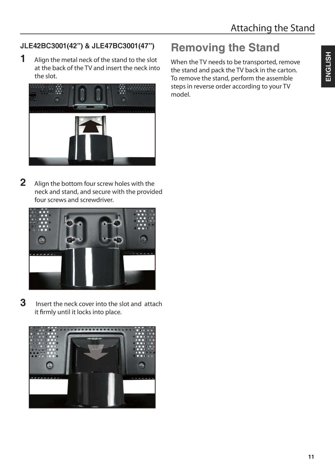 JVC JLE32BC3001, JLE42BC3001 user manual Removing the Stand, Attaching the Stand 