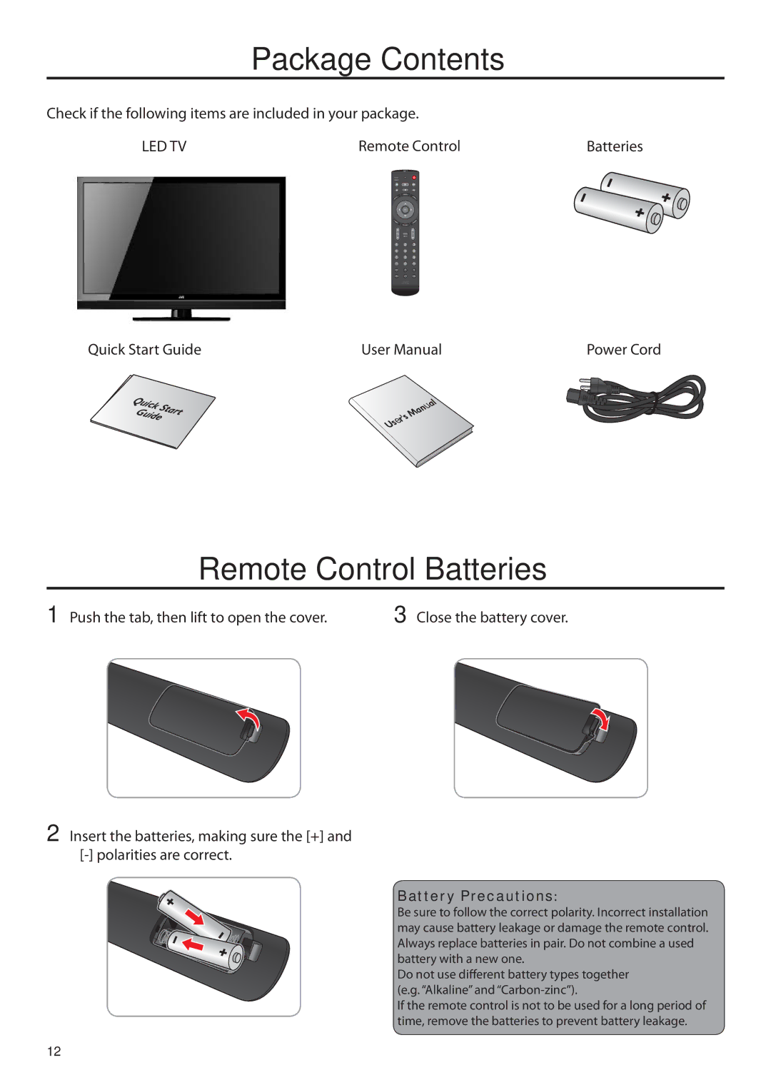 JVC JLE42BC3001, JLE32BC3001 user manual Package Contents, Remote Control Batteries 