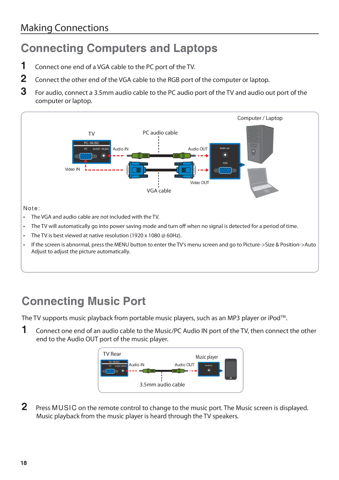 JVC JLE42BC3001, JLE32BC3001 user manual Connecting Computers and Laptops, Connecting Music Port 