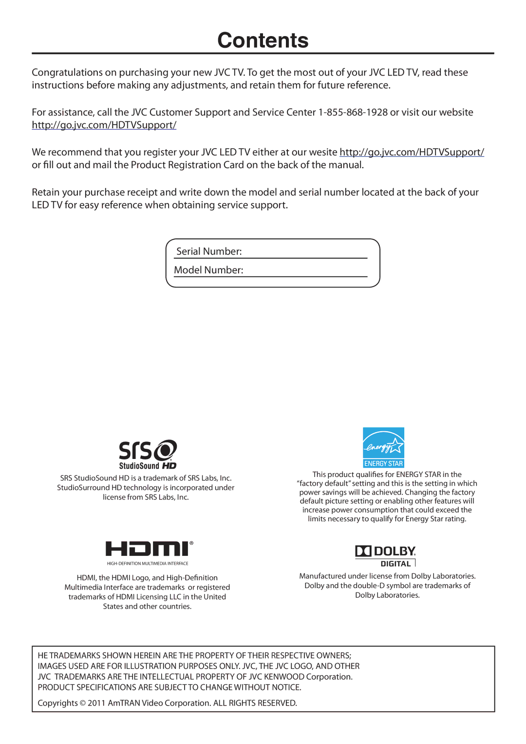 JVC JLE32BC3001, JLE42BC3001 user manual Contents 