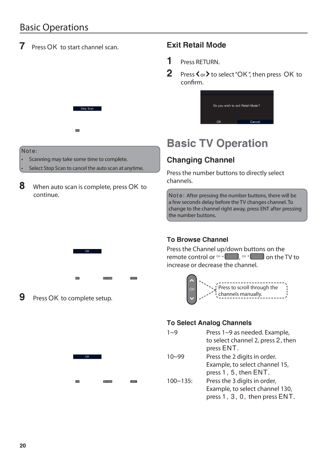 JVC JLE42BC3001 Basic TV Operation, Exit Retail Mode, Changing Channel, To Browse Channel, To Select Analog Channels 