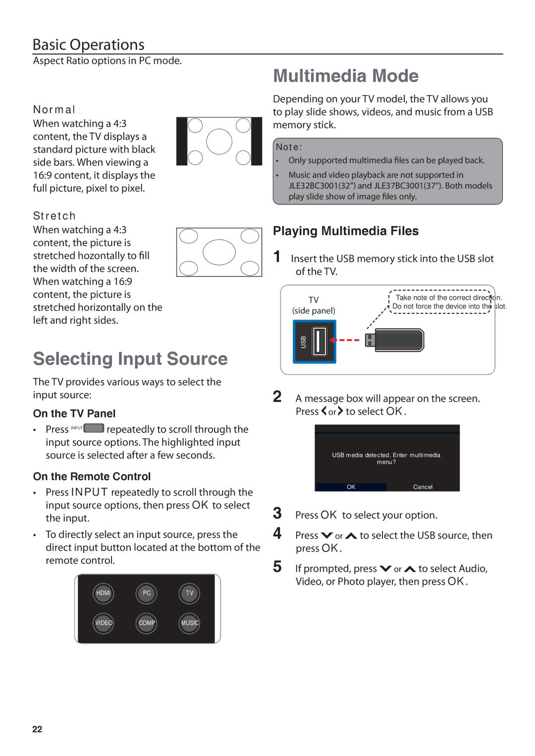 JVC JLE42BC3001 Multimedia Mode, Selecting Input Source, Playing Multimedia Files, On the TV Panel, On the Remote Control 