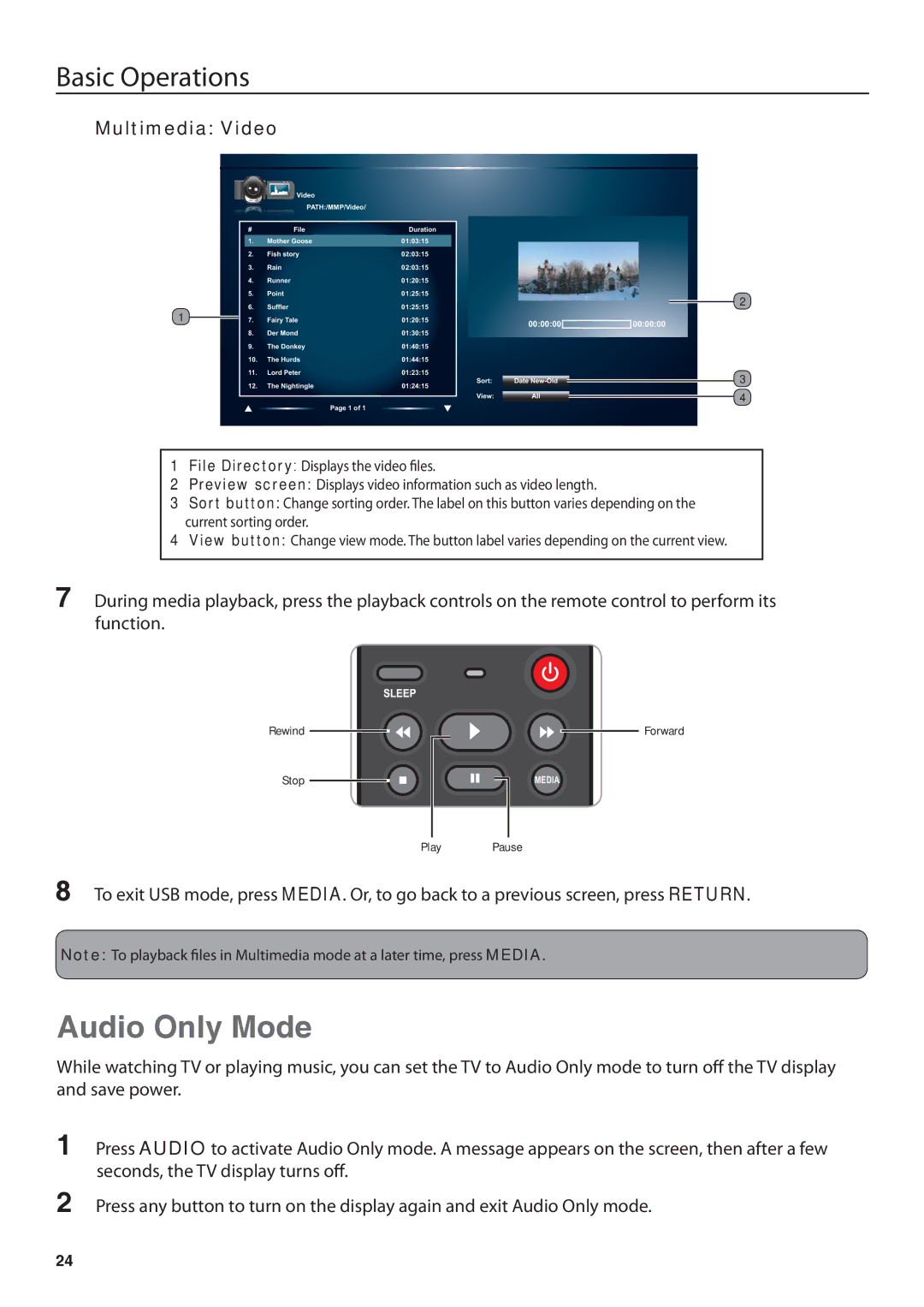 JVC JLE42BC3001, JLE32BC3001 user manual Audio Only Mode, Multimedia Video 