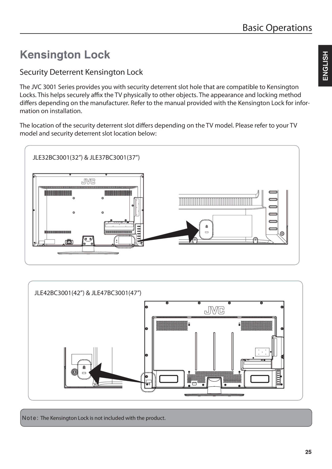 JVC JLE32BC3001, JLE42BC3001 user manual Security Deterrent Kensington Lock 