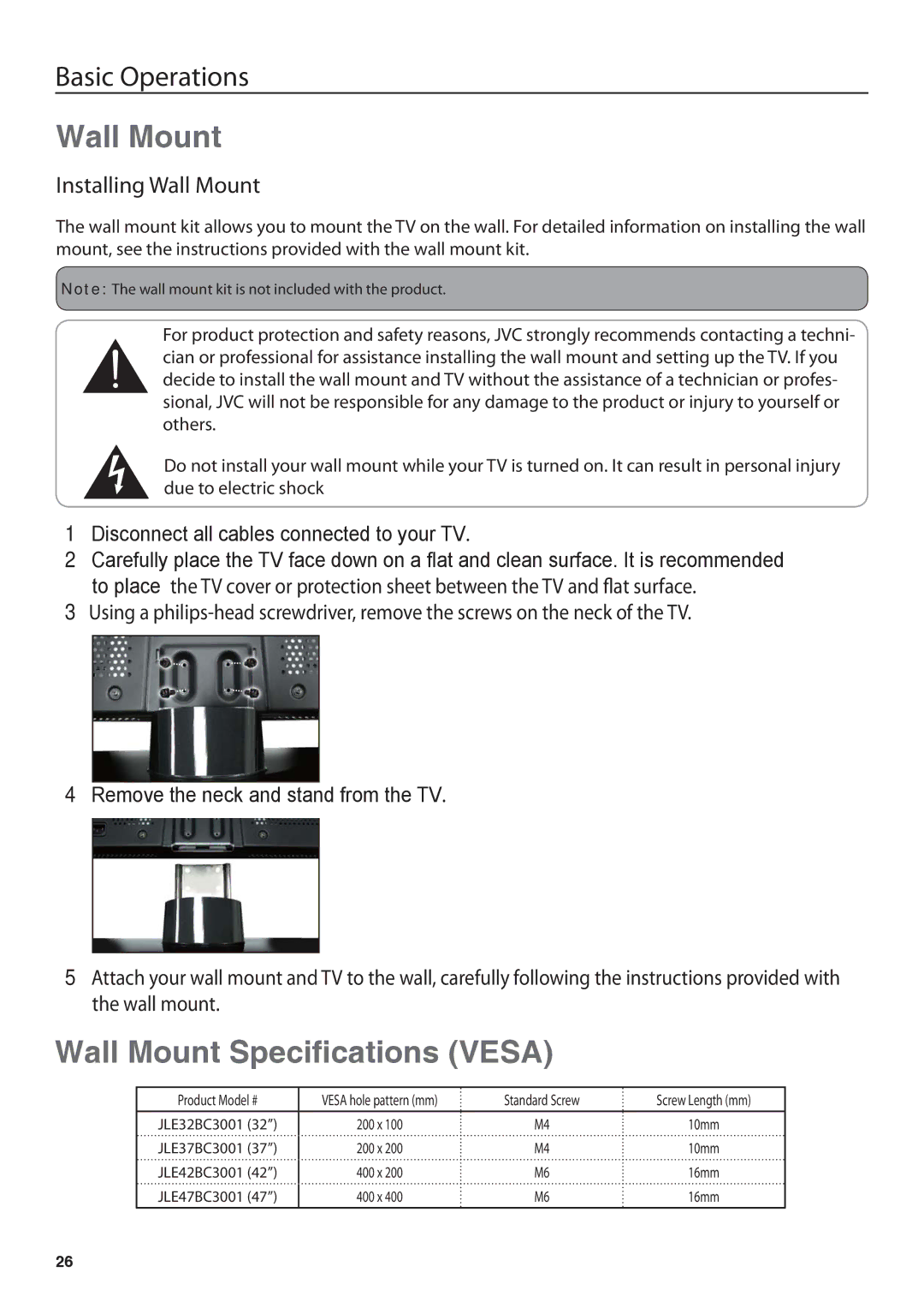 JVC JLE42BC3001, JLE32BC3001 user manual Wall Mount Speciﬁcations Vesa 