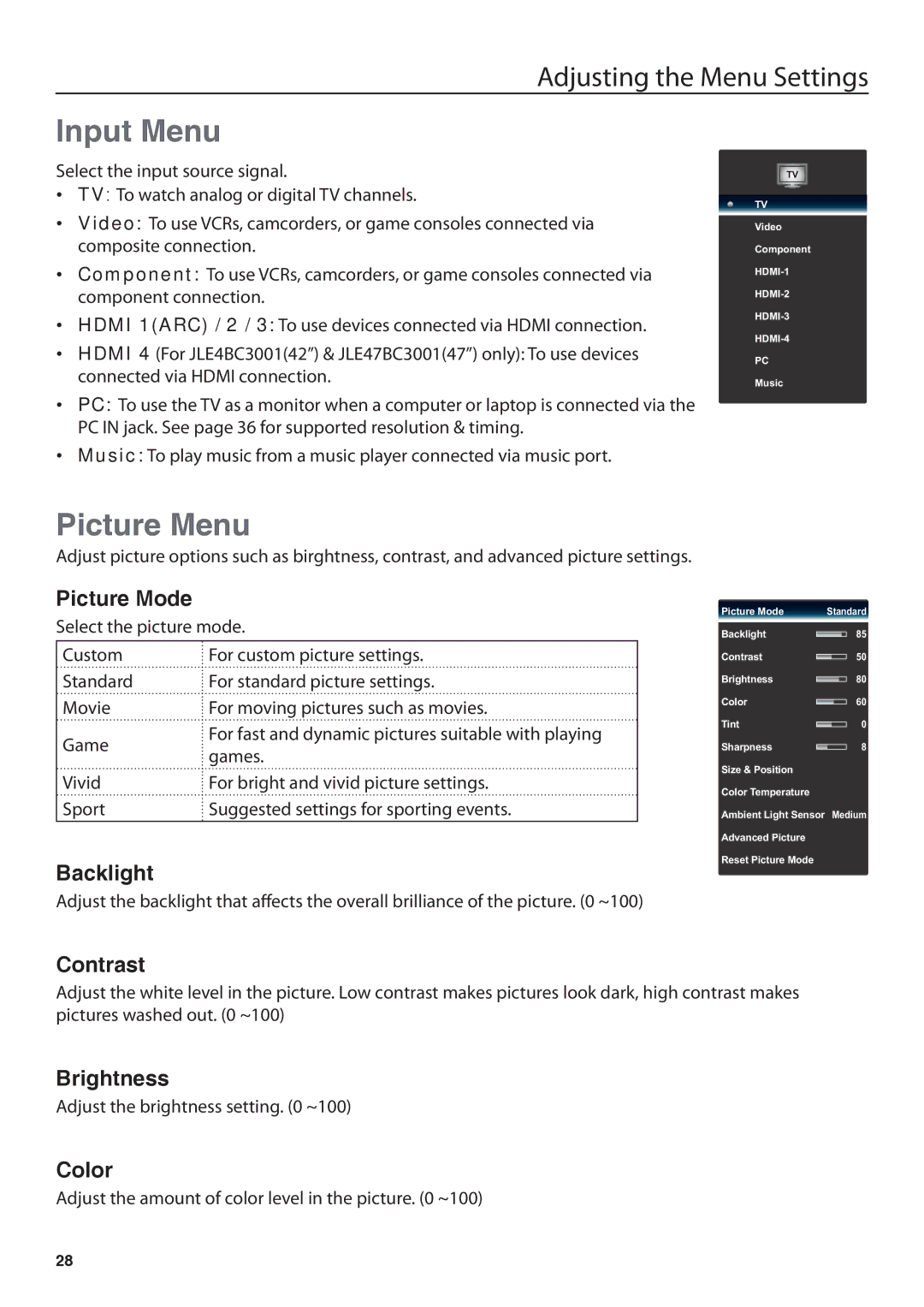 JVC JLE42BC3001, JLE32BC3001 user manual Input Menu, Picture Menu 