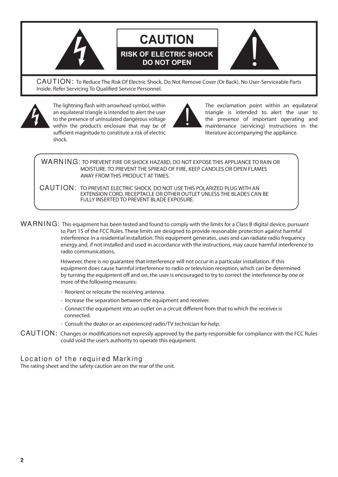 JVC JLE42BC3001, JLE32BC3001 user manual Risk of Electric Shock Do not Open, Location of the required Marking 