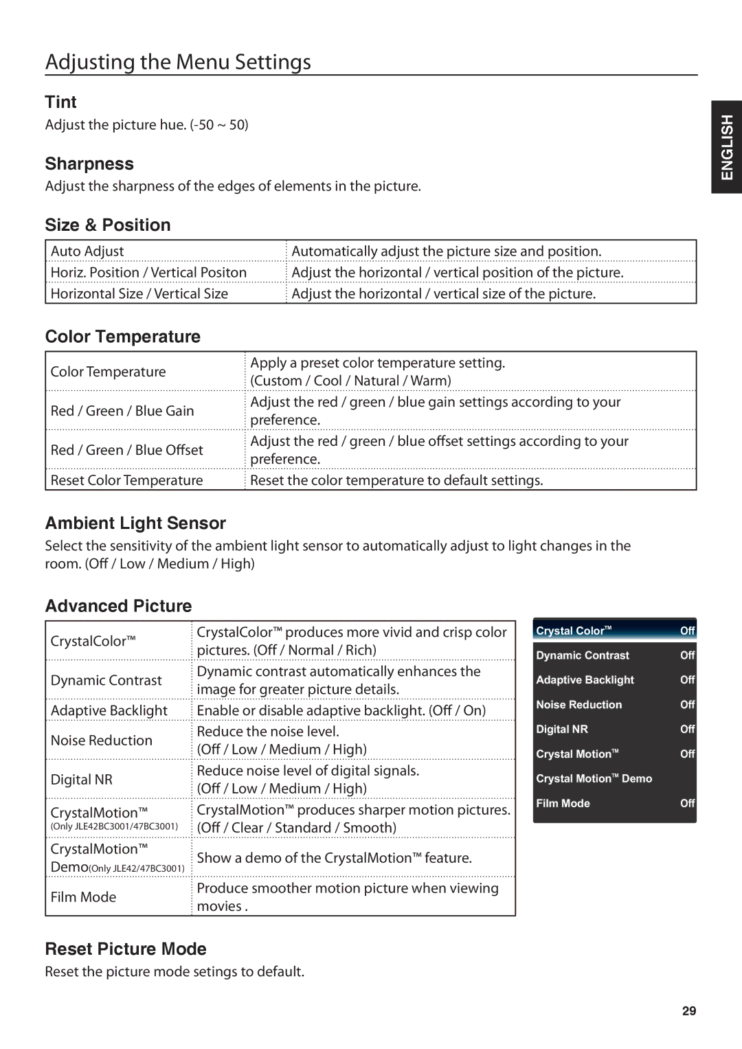 JVC JLE32BC3001, JLE42BC3001 Tint, Sharpness, Size & Position, Color Temperature, Ambient Light Sensor, Advanced Picture 