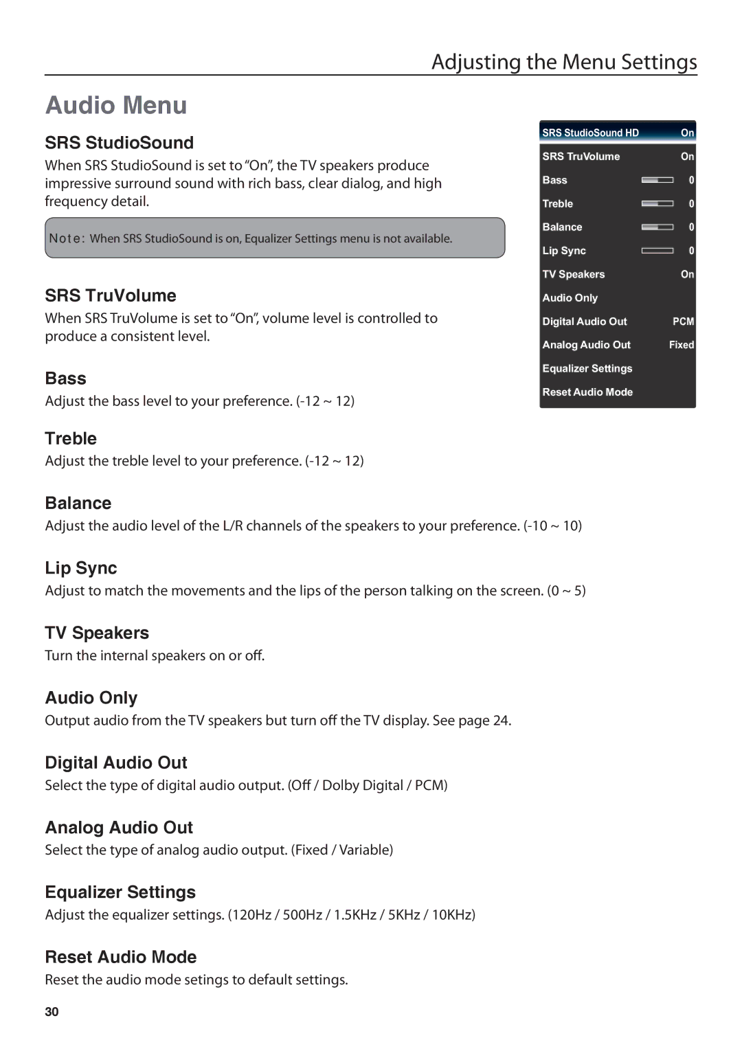 JVC JLE42BC3001, JLE32BC3001 user manual Audio Menu 