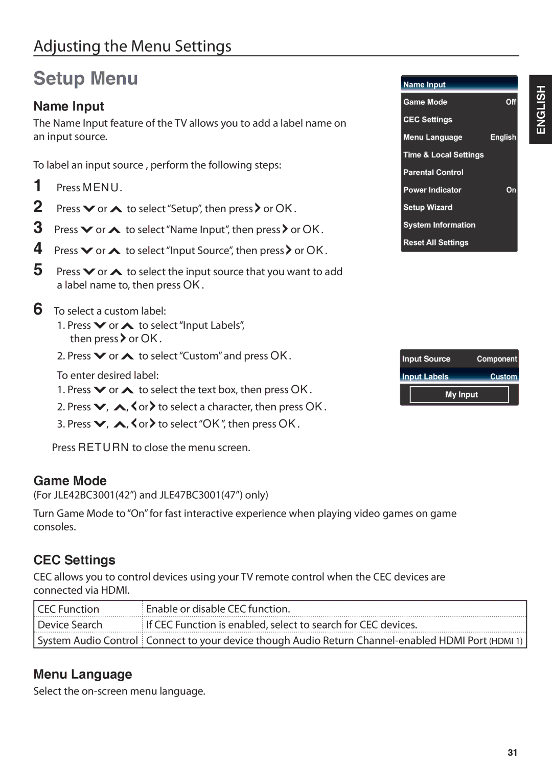 JVC JLE32BC3001, JLE42BC3001 user manual Setup Menu, Name Input, Game Mode, CEC Settings, Menu Language 