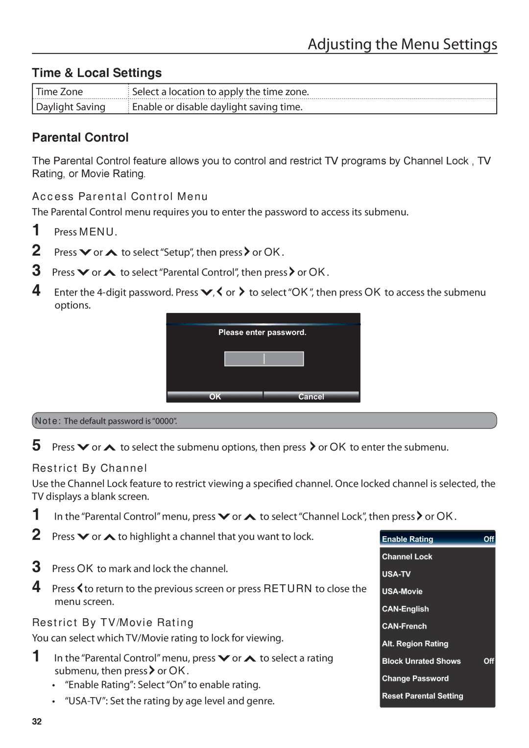 JVC JLE42BC3001 Time & Local Settings, Access Parental Control Menu, Restrict By Channel, Restrict By TV/Movie Rating 