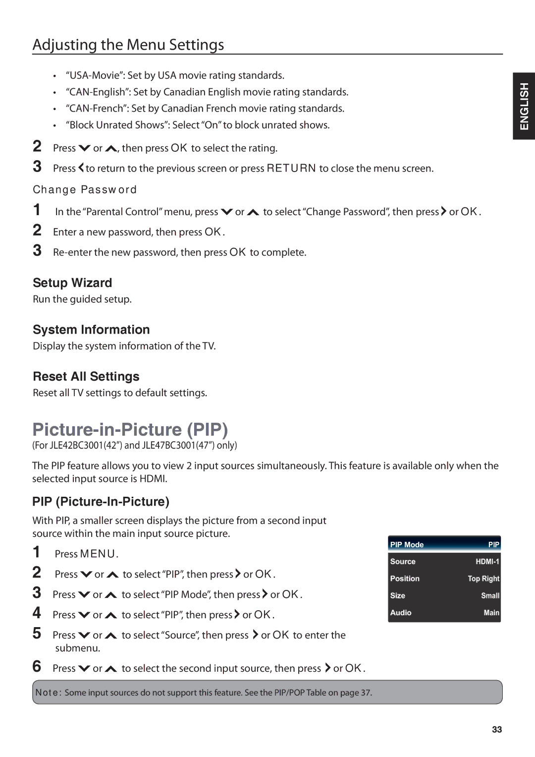 JVC JLE32BC3001 Picture-in-Picture PIP, Setup Wizard, System Information, Reset All Settings, PIP Picture-In-Picture 