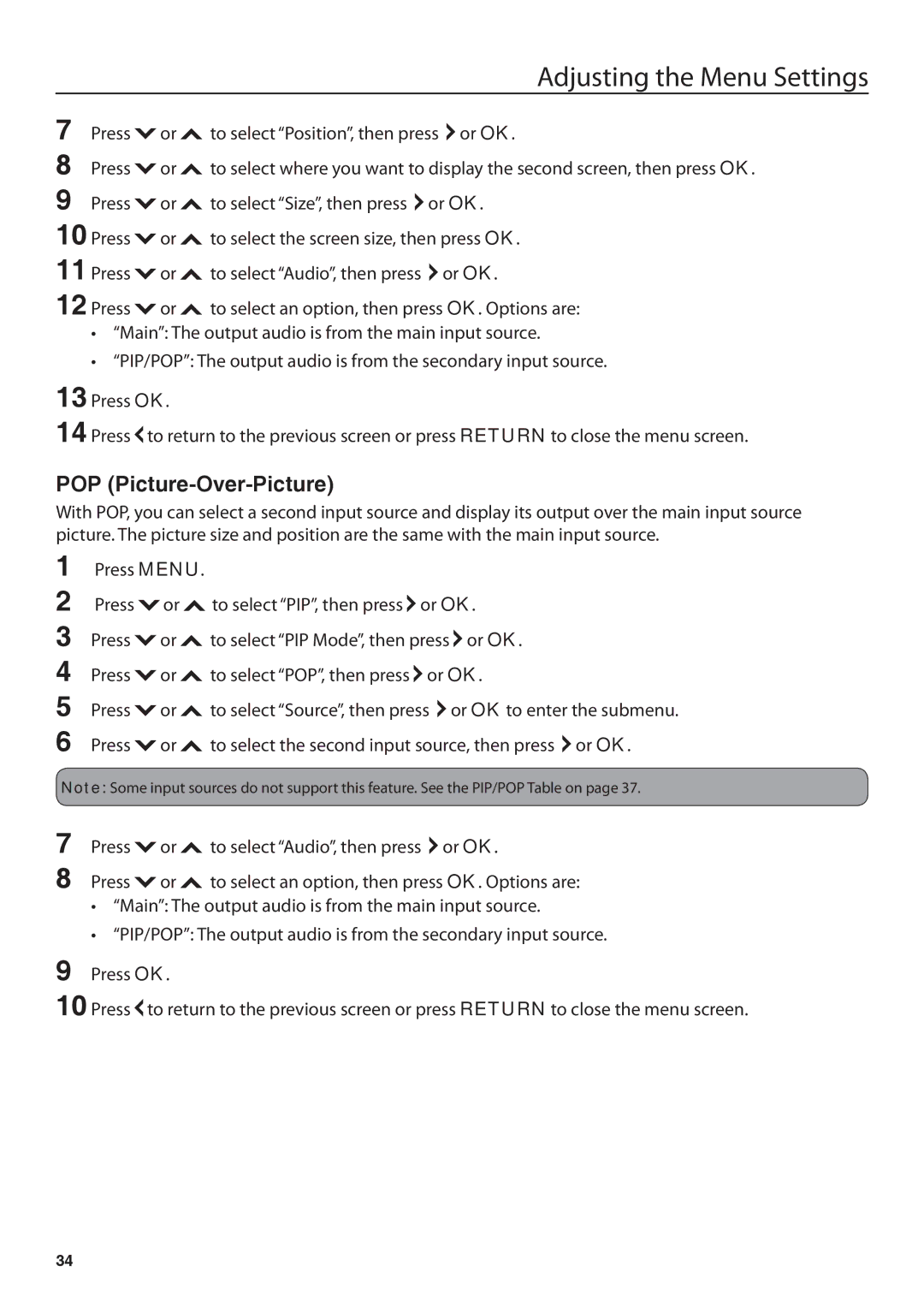 JVC JLE42BC3001, JLE32BC3001 user manual Adjusting the Menu Settings, POP Picture-Over-Picture 